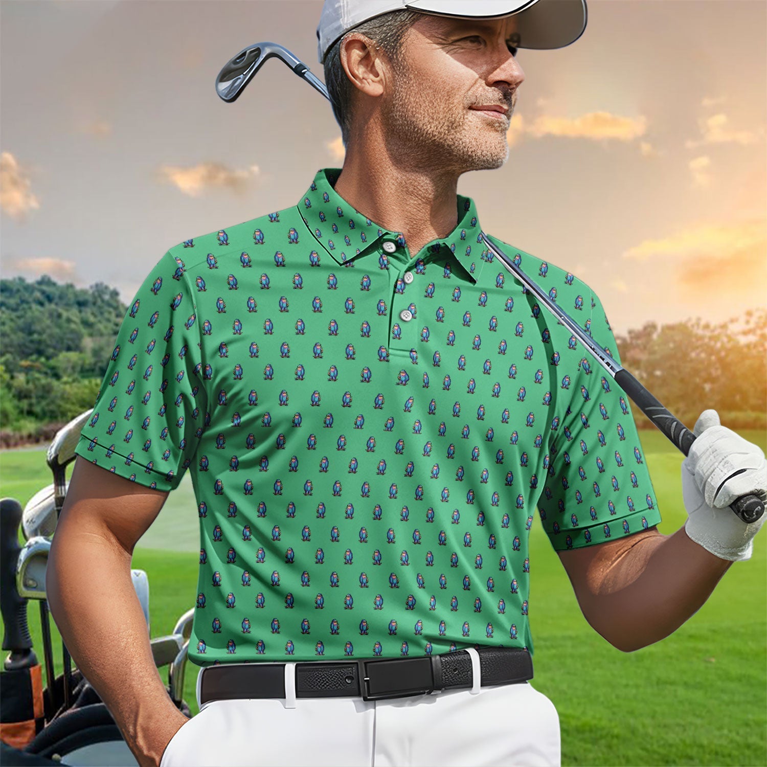 Funny Yeti Pattern Golf Polos, Bigfoot Coffee Skateboard Golf Shirt, Crazy Golf Shirts For Men