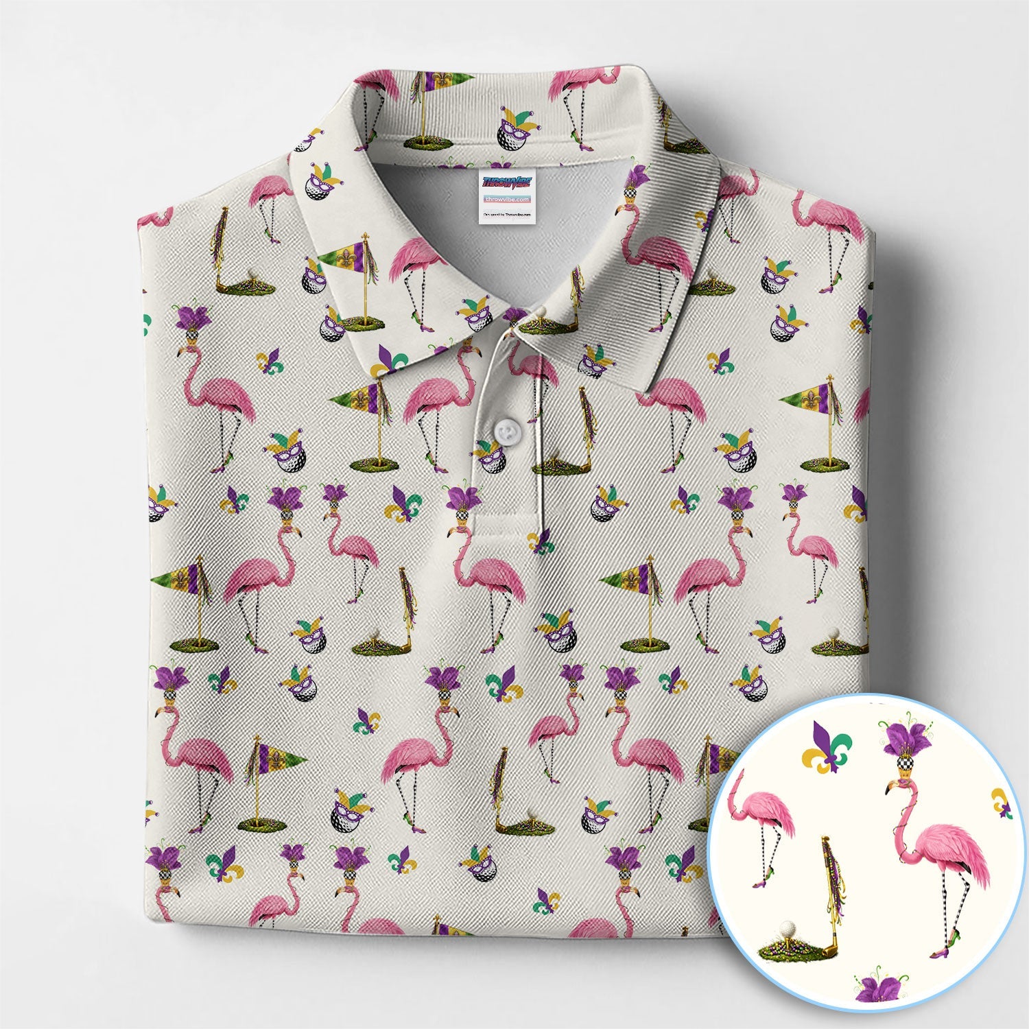 Flamingo Mardi Gras Golf Polos For Golfer, Funny Holiday Pattern Golf Shirt, Golf Gift For Men