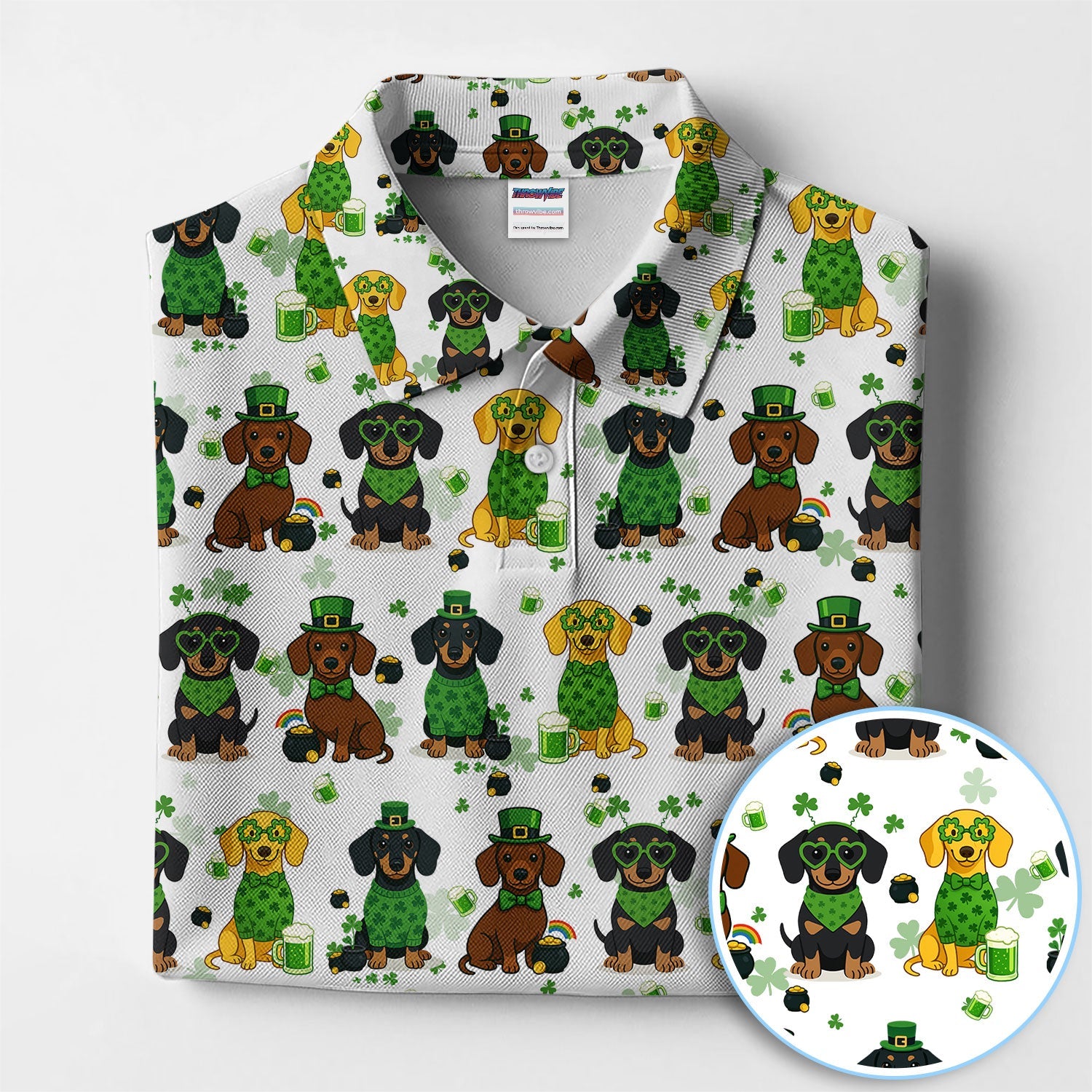 St. Patrick’s Day Dachshund Dog Pattern Golf Shirt, Funny Shamrock Dog Golf Polos For Men, Golf Gift For Golfer