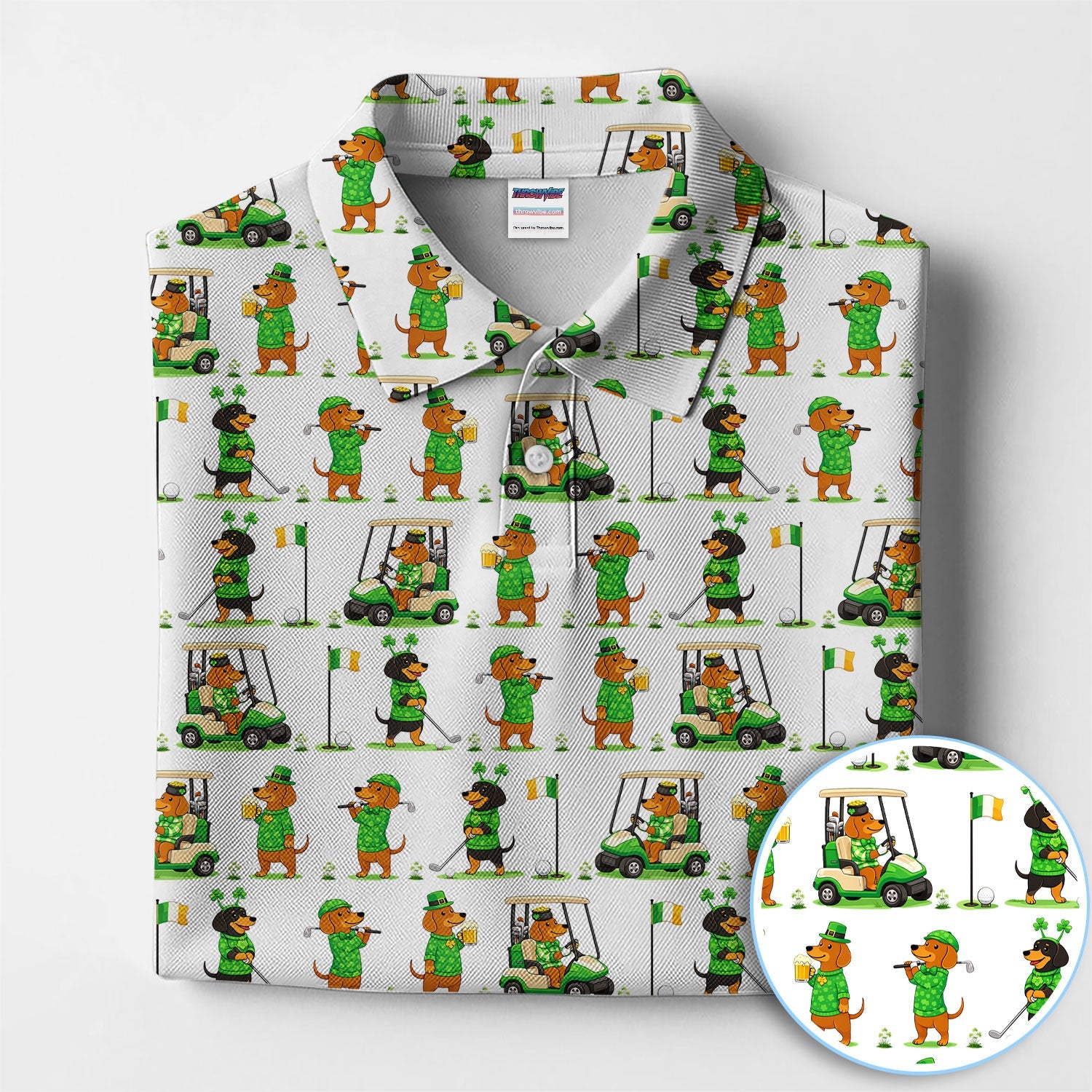 St. Patrick’s Day Dachshund Pattern Golf Polos, Funny Irish Wiener Dog Golf Shirt For Men, Golf Gift For Golfer