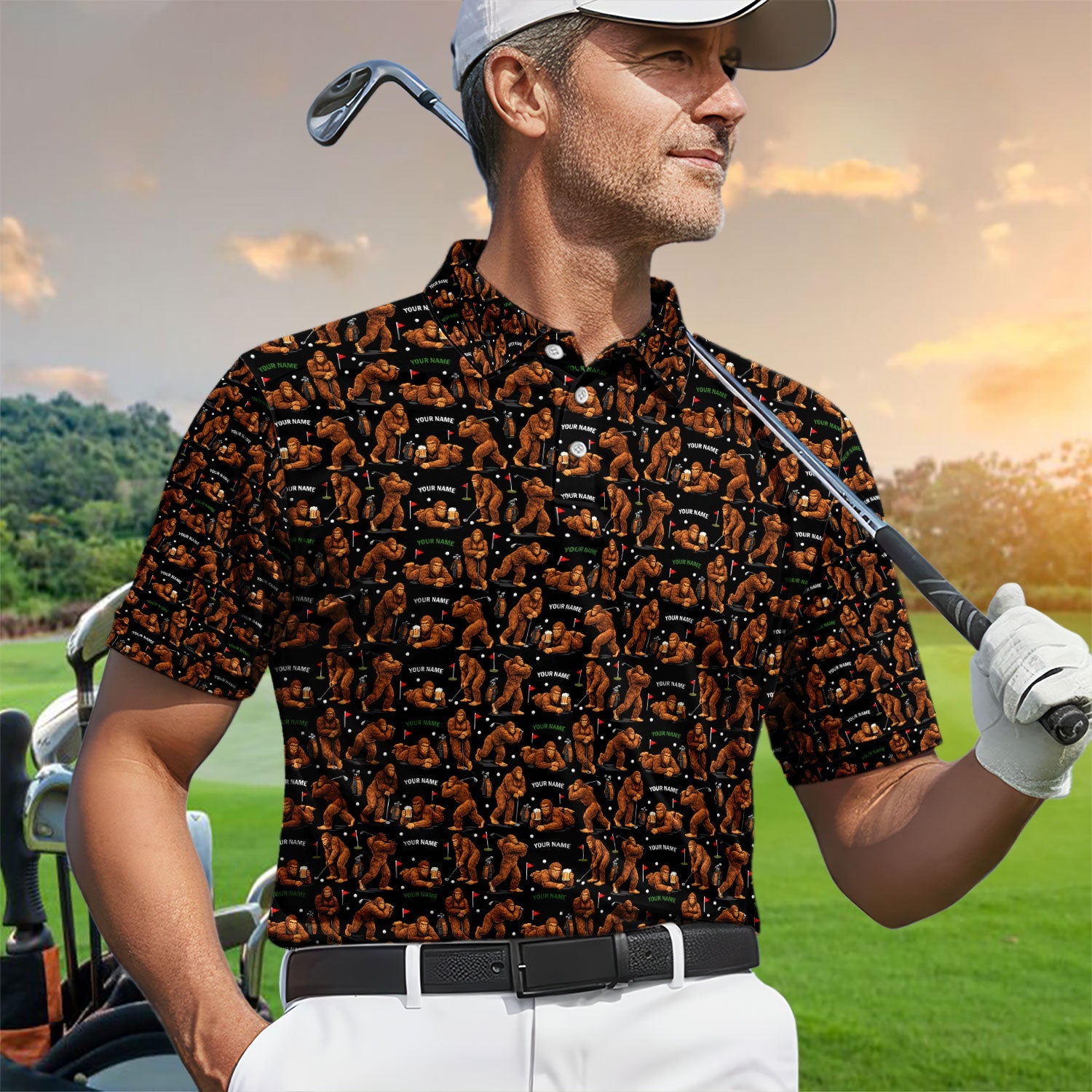 Personalized Bigfoot Pattern Golf Polos, Crazy Bigfoot Golf Shirt For Men, Funny Golf Shirt