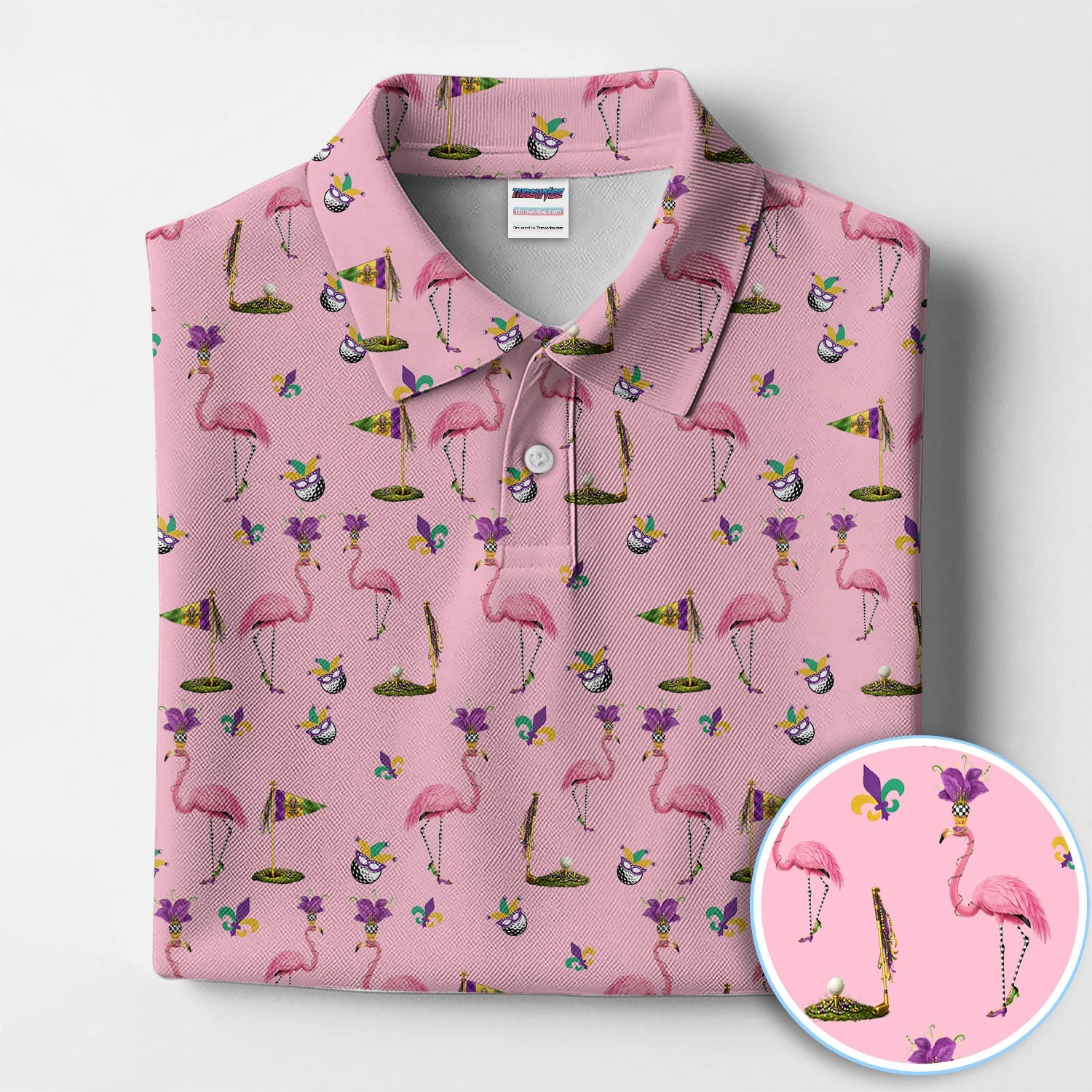 Flamingo Mardi Gras Golf Polos For Golfer, Funny Holiday Pattern Golf Shirt, Golf Gift For Men