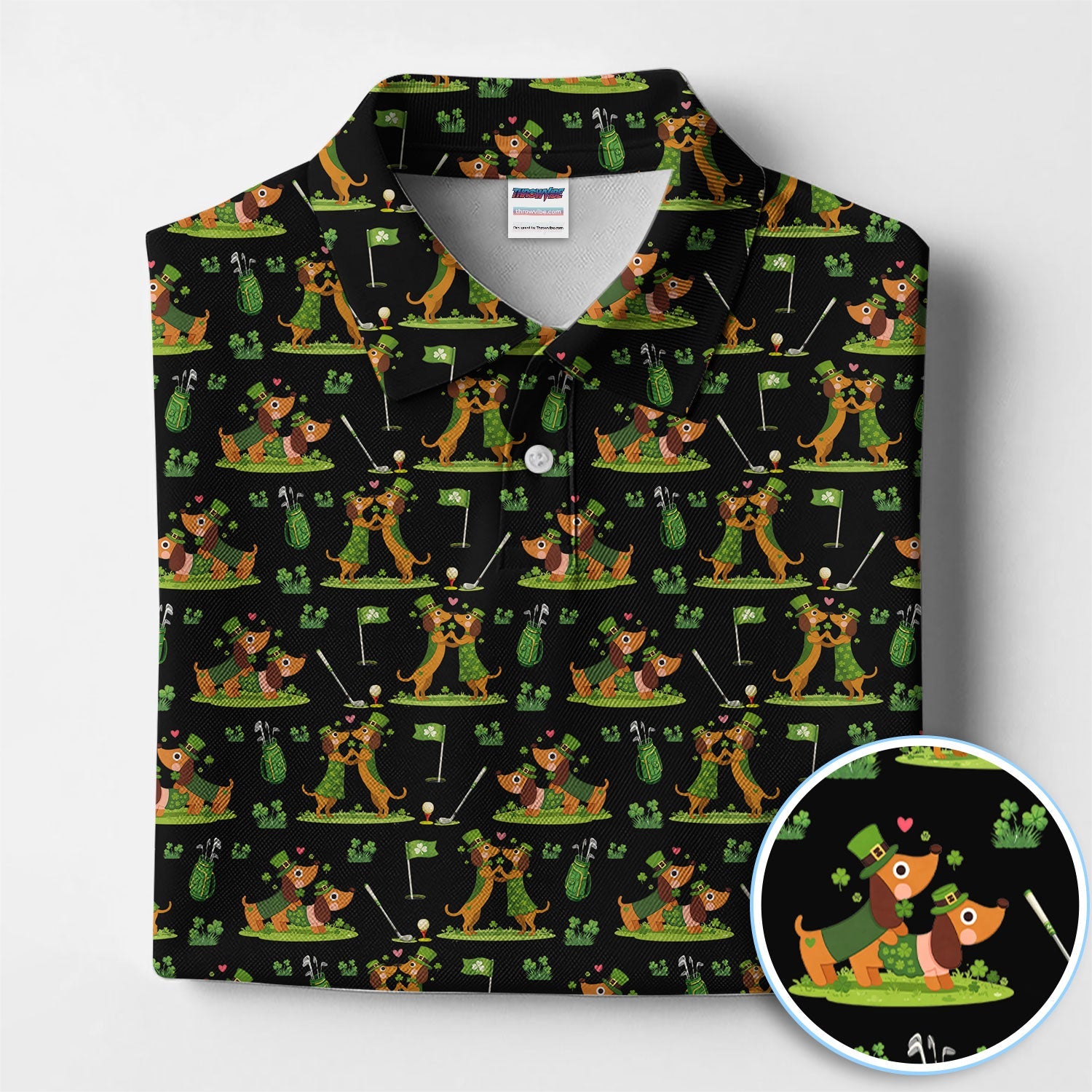 Cute Dachshund St Patrick Pattern Golf Shirt, Wiener Dog Golf Shirt, Golf Gift For Men