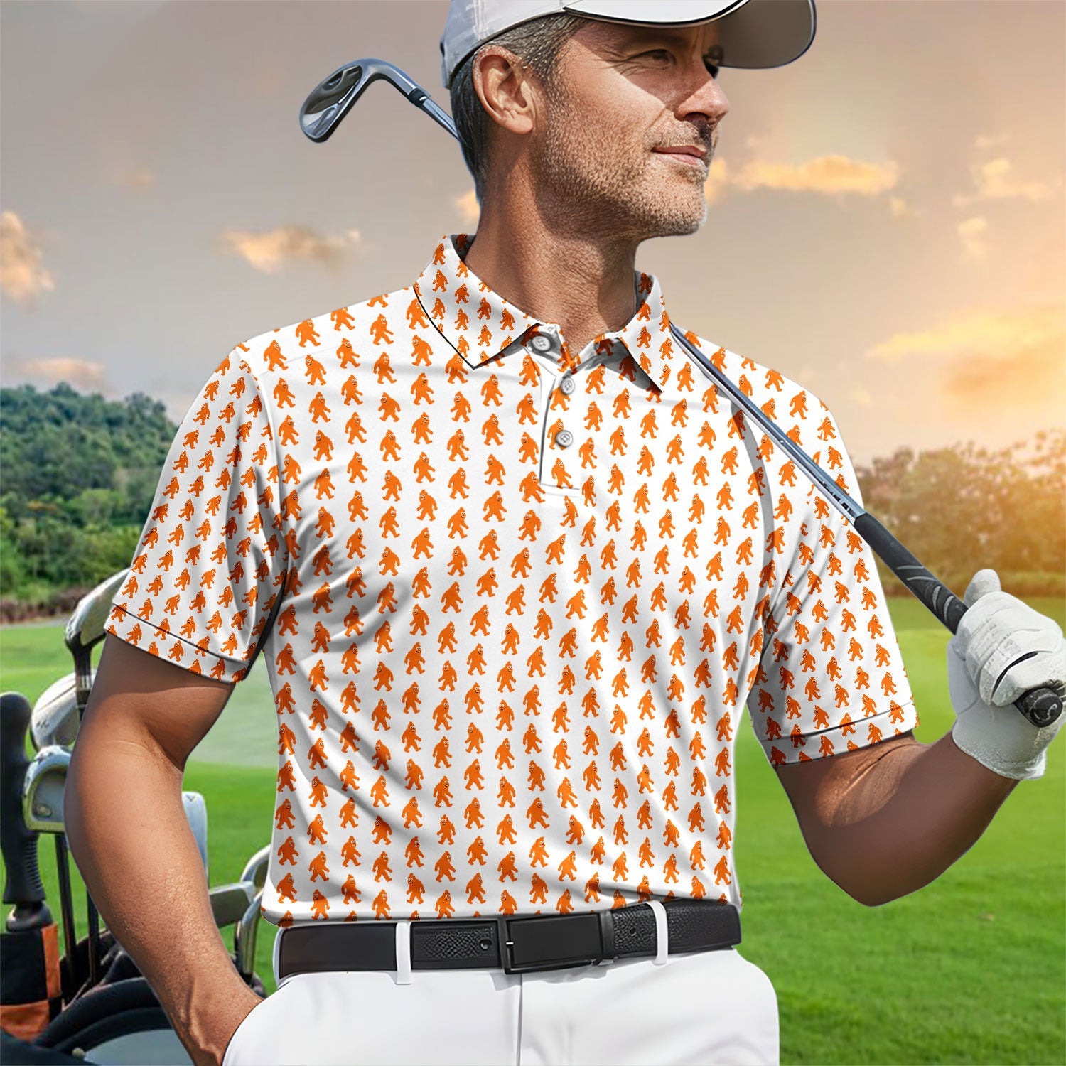 Funny Orange Bigfoot Golf Pattern Shirt, Sasquatch Golf Shirt For Men, Cryptid Lover Gift