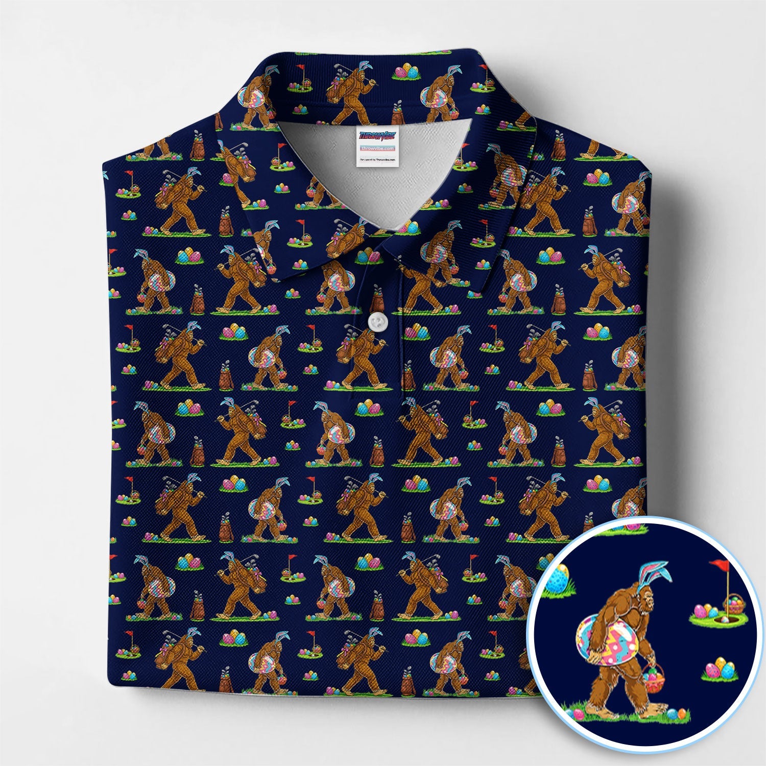 Bigfoot Easter Pattern Golf Polos, Bunny Sasquatch Golf Shirt For Men, Easter Day Shirt For Golfer