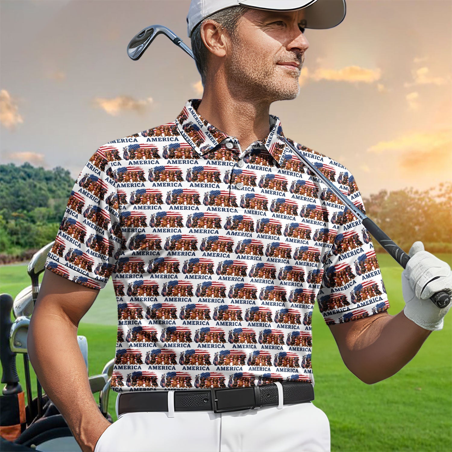 Dachshund America Pattern Golf Polos, Crazy Dachshund Golf Shirt For Men, Funny Golf Shirt