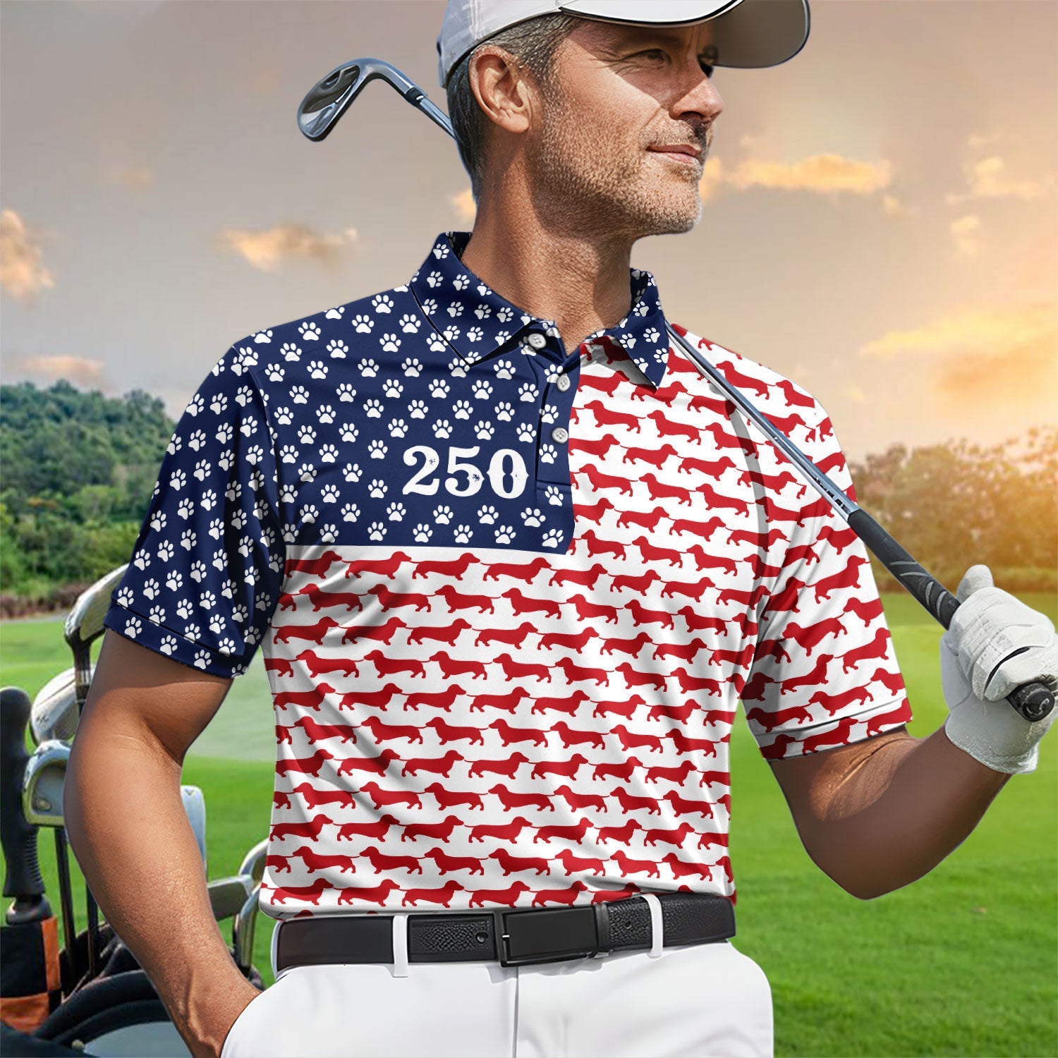Dachshund USA Flag 250 Pattern Golf Polos, Crazy Dachshund Golf Shirt For Men, Funny Golf Shirt