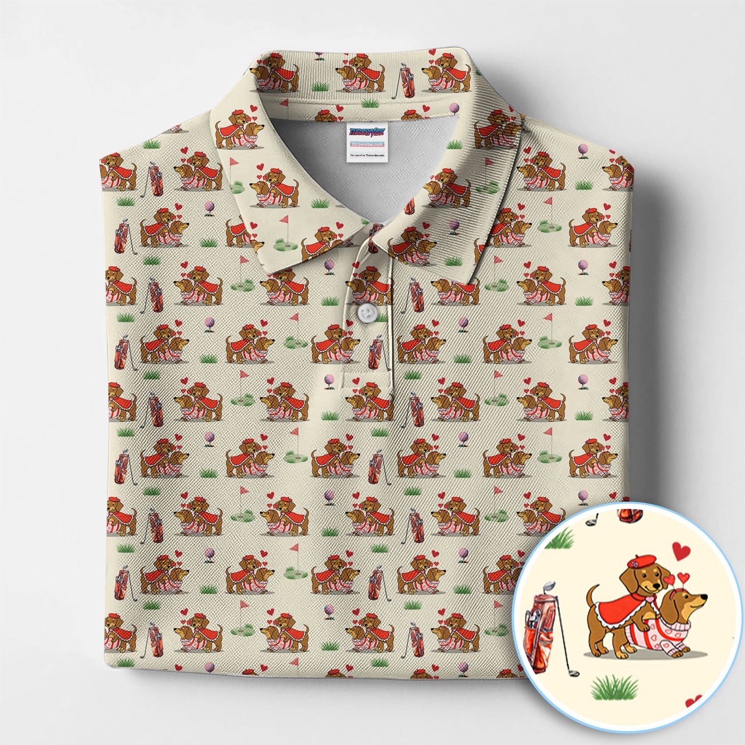 Valentine Dachshund Pattern Golf Shirt, Wiener Dog Love Golf Shirt, Golf Gift For Men