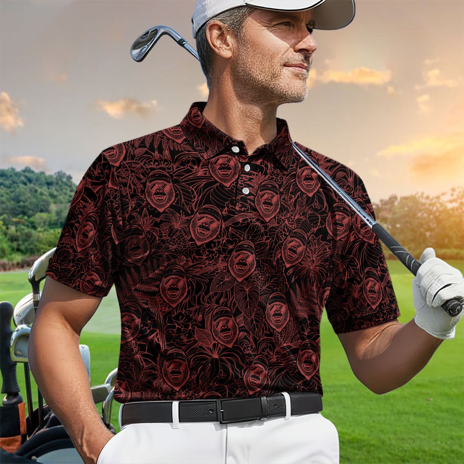 Bigfoot Red Neon Outline Polo Shirt For Men, Sasquatch Face All Over Print, Dark Cryptid Pattern Casual Golf Shirt