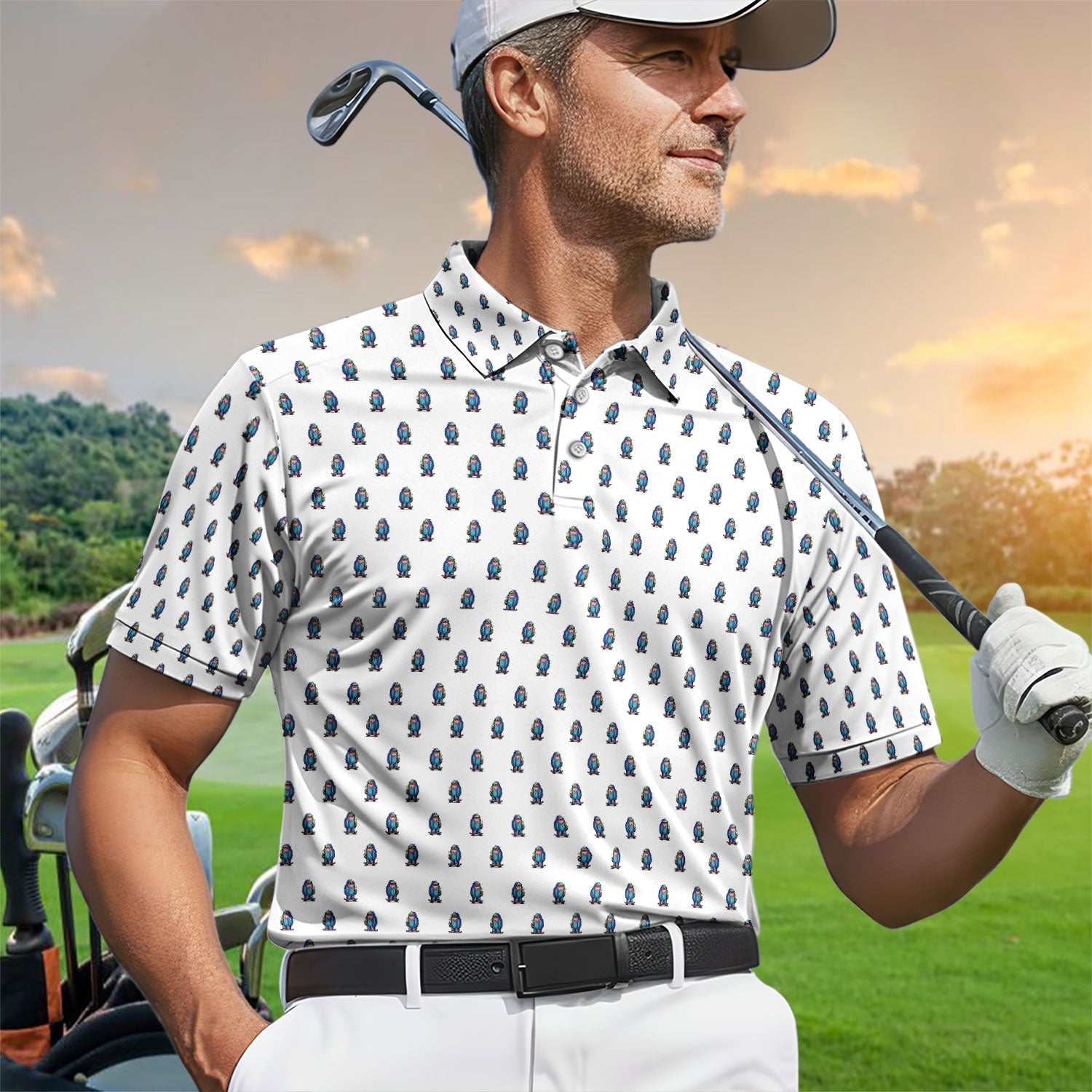 Funny Yeti Pattern Golf Polos, Bigfoot Coffee Skateboard Golf Shirt, Crazy Golf Shirts For Men