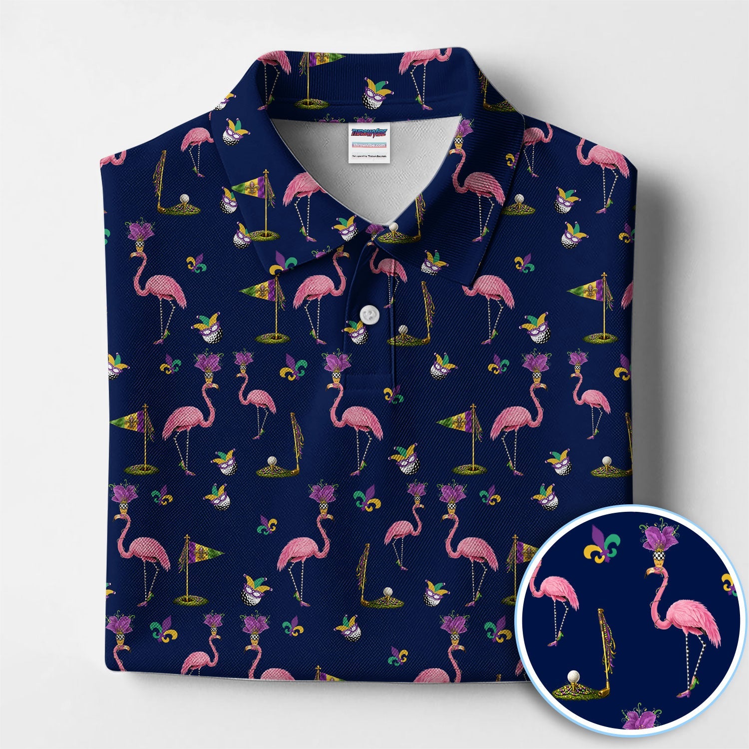 Flamingo Mardi Gras Golf Polos For Golfer, Funny Holiday Pattern Golf Shirt, Golf Gift For Men