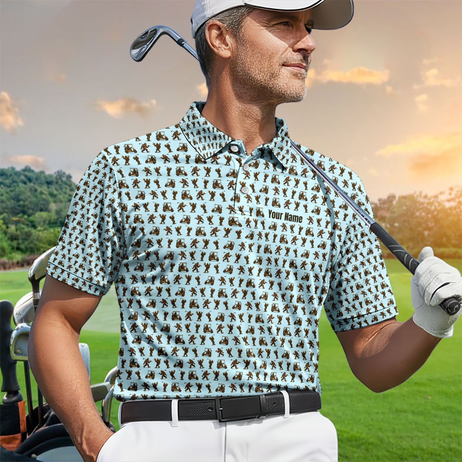 Personalized Bigfoot Golf Polos, Sasquatch Pattern Golf Shirt For Men, Crazy Golf Shirt