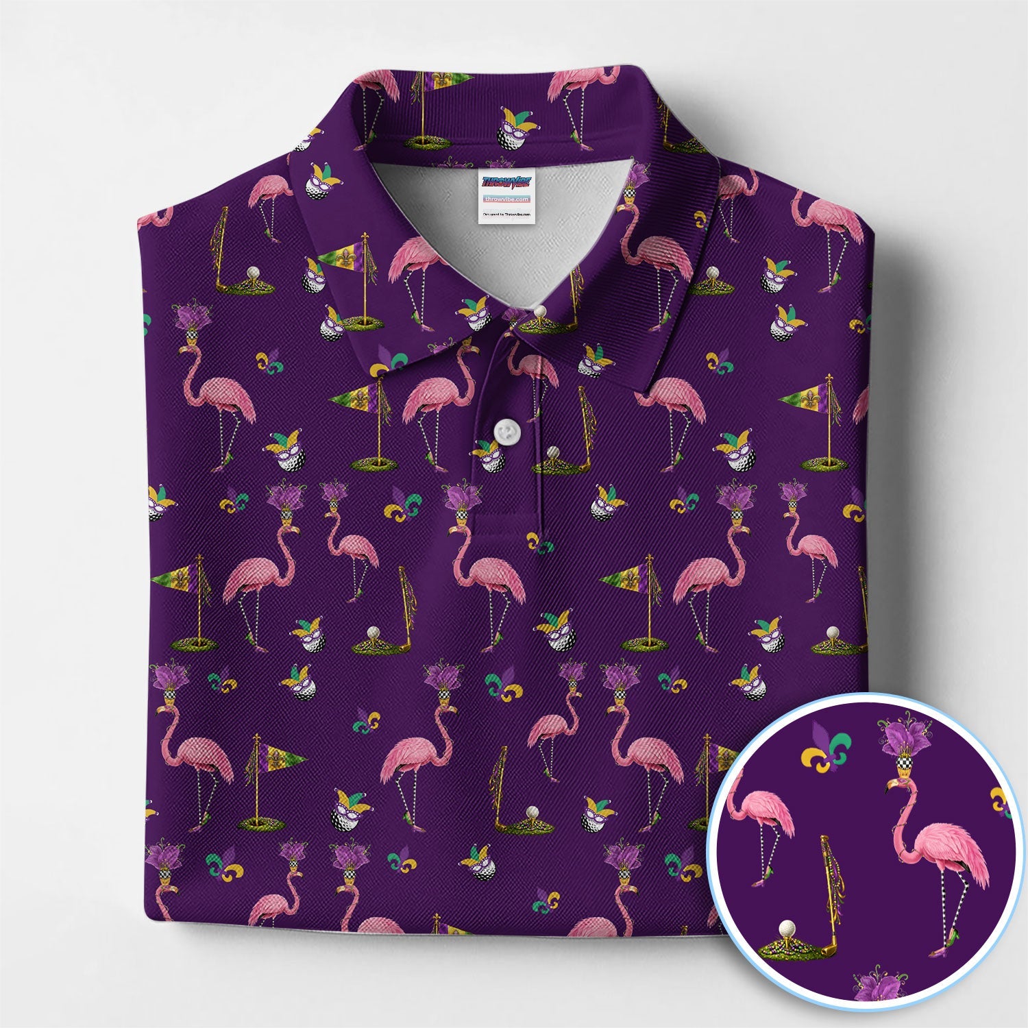 Flamingo Mardi Gras Golf Polos For Golfer, Funny Holiday Pattern Golf Shirt, Golf Gift For Men