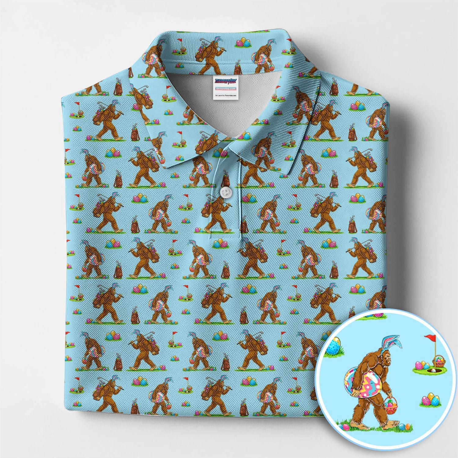 Bigfoot Easter Pattern Golf Polos, Bunny Sasquatch Golf Shirt For Men, Easter Day Shirt For Golfer