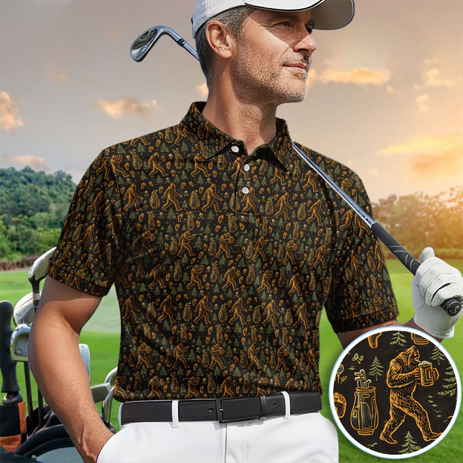 Bigfoot Beer Forest Pattern Golf Shirt, Sasquatch Drinking Golf Shirt For Men, Golfer Gift