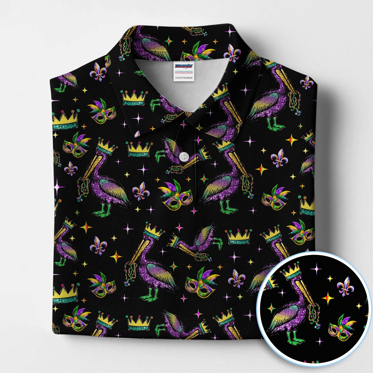 Mardi Gras Pelican Pattern Golf Polos, Funny Pelican Golf Shirt For Men, Crazy Golf Gift For Golfer