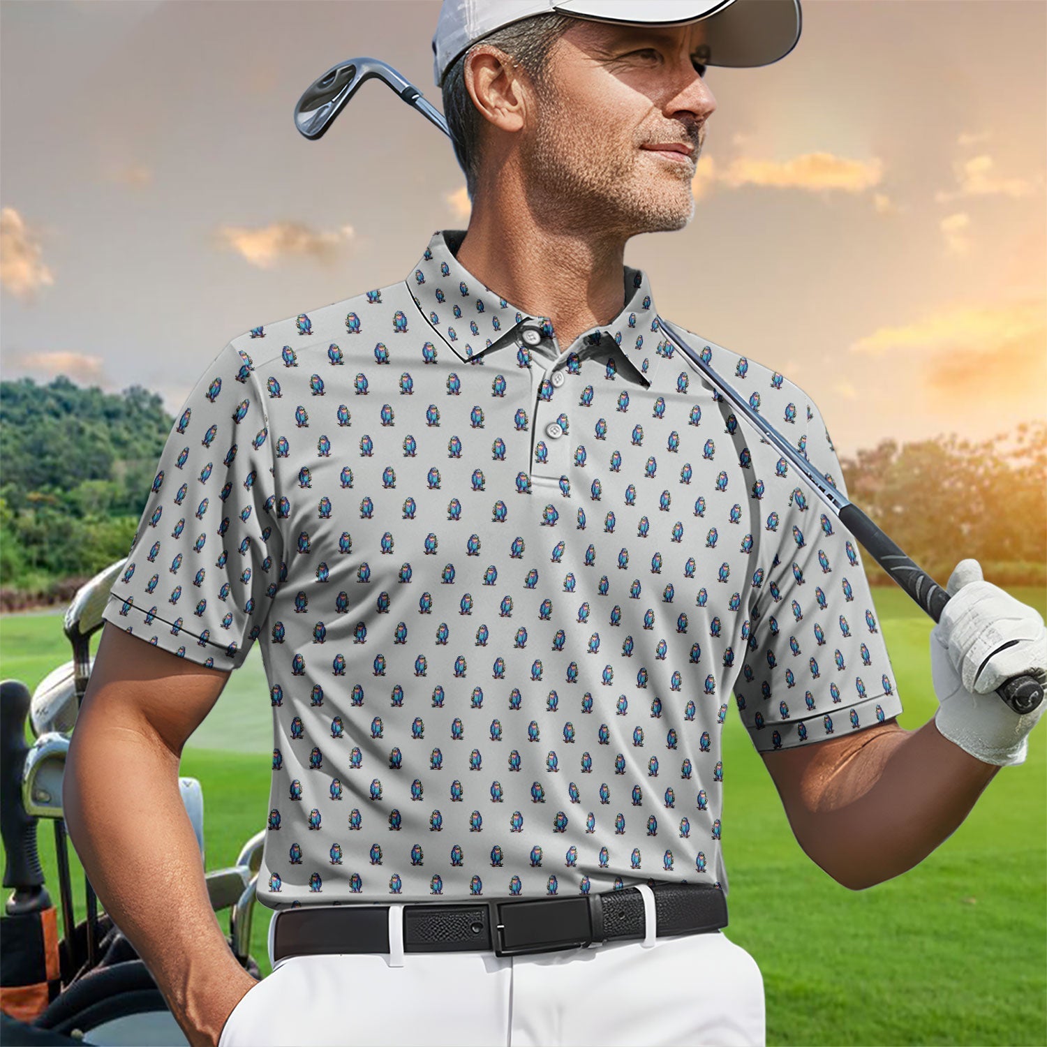 Funny Yeti Pattern Golf Polos, Bigfoot Coffee Skateboard Golf Shirt, Crazy Golf Shirts For Men