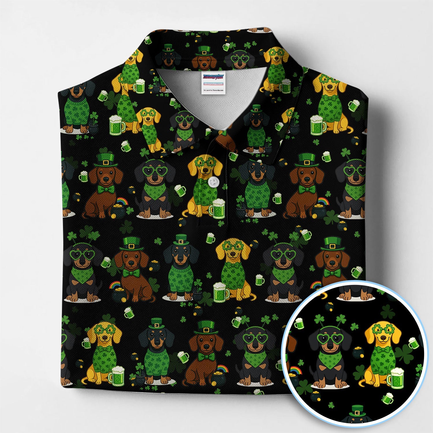 St. Patrick’s Day Dachshund Dog Pattern Golf Shirt, Funny Shamrock Dog Golf Polos For Men, Golf Gift For Golfer