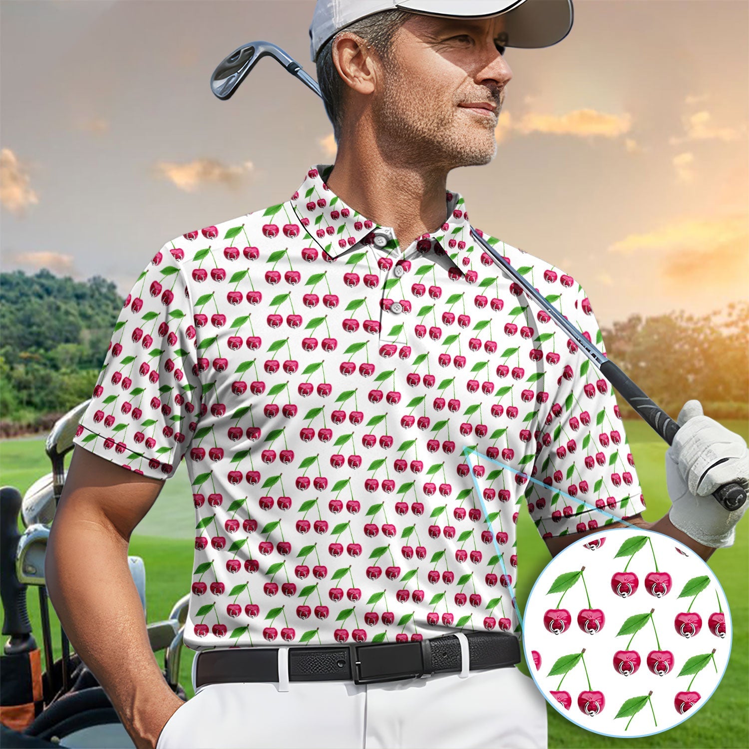 Cute Cherry Golf Pattern Shirt, Sweet Cherry Aesthetic Golf Shirt For Men, Fruit Lover Gift