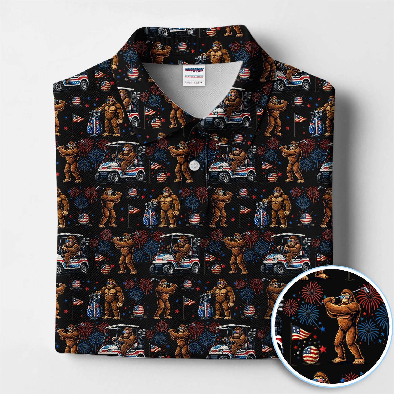Funny Bigfoot Golf Polos For Golfer, Sasquatch Patriotic USA Pattern Golf Shirt, Golf Gift For Men