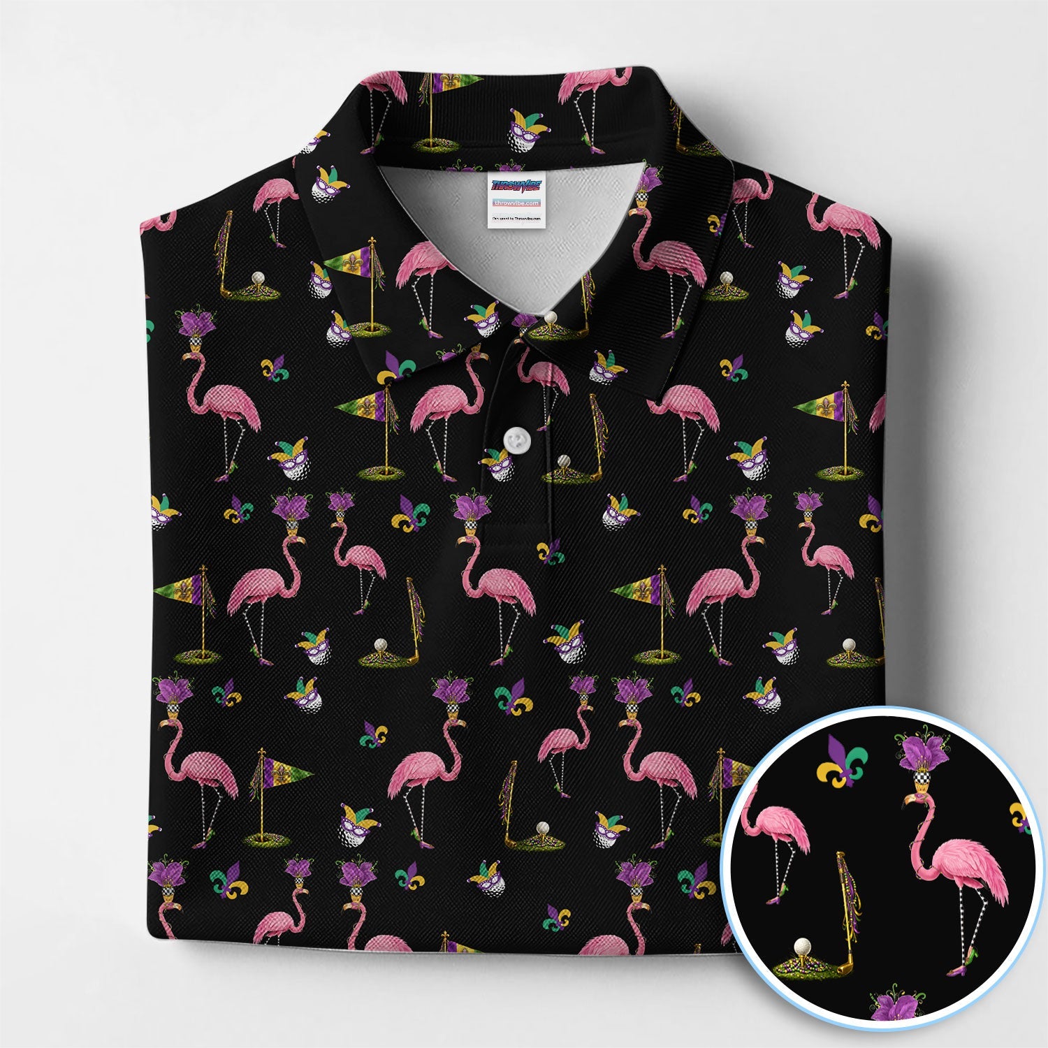 Flamingo Mardi Gras Golf Polos For Golfer, Funny Holiday Pattern Golf Shirt, Golf Gift For Men