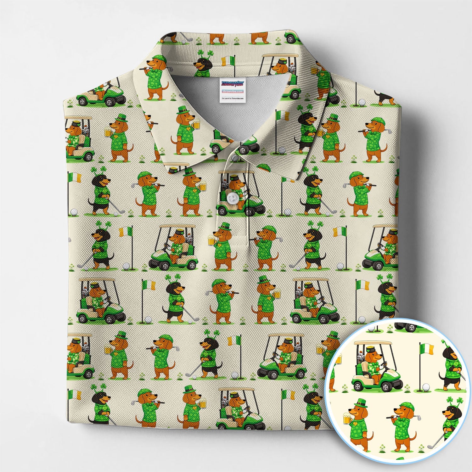 St. Patrick’s Day Dachshund Pattern Golf Polos, Funny Irish Wiener Dog Golf Shirt For Men, Golf Gift For Golfer