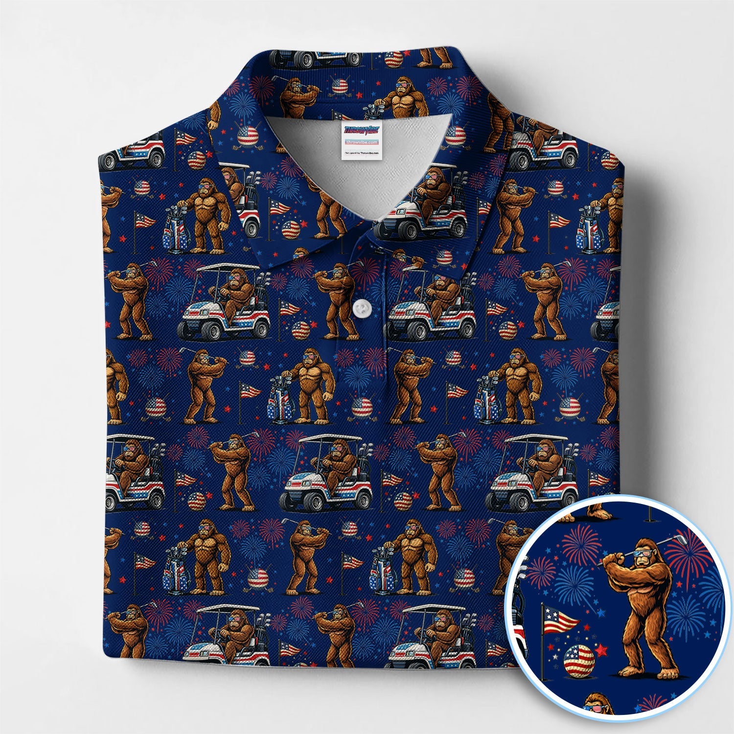 Funny Bigfoot Golf Polos For Golfer, Sasquatch Patriotic USA Pattern Golf Shirt, Golf Gift For Men