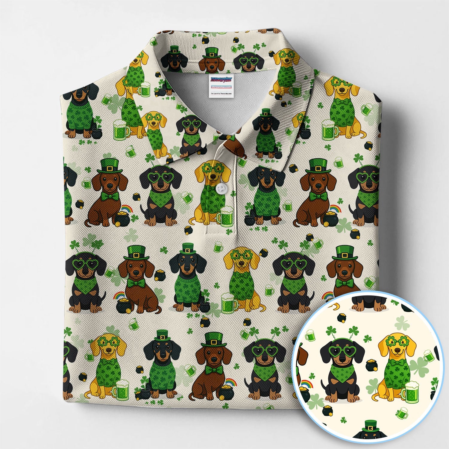 St. Patrick’s Day Dachshund Dog Pattern Golf Shirt, Funny Shamrock Dog Golf Polos For Men, Golf Gift For Golfer