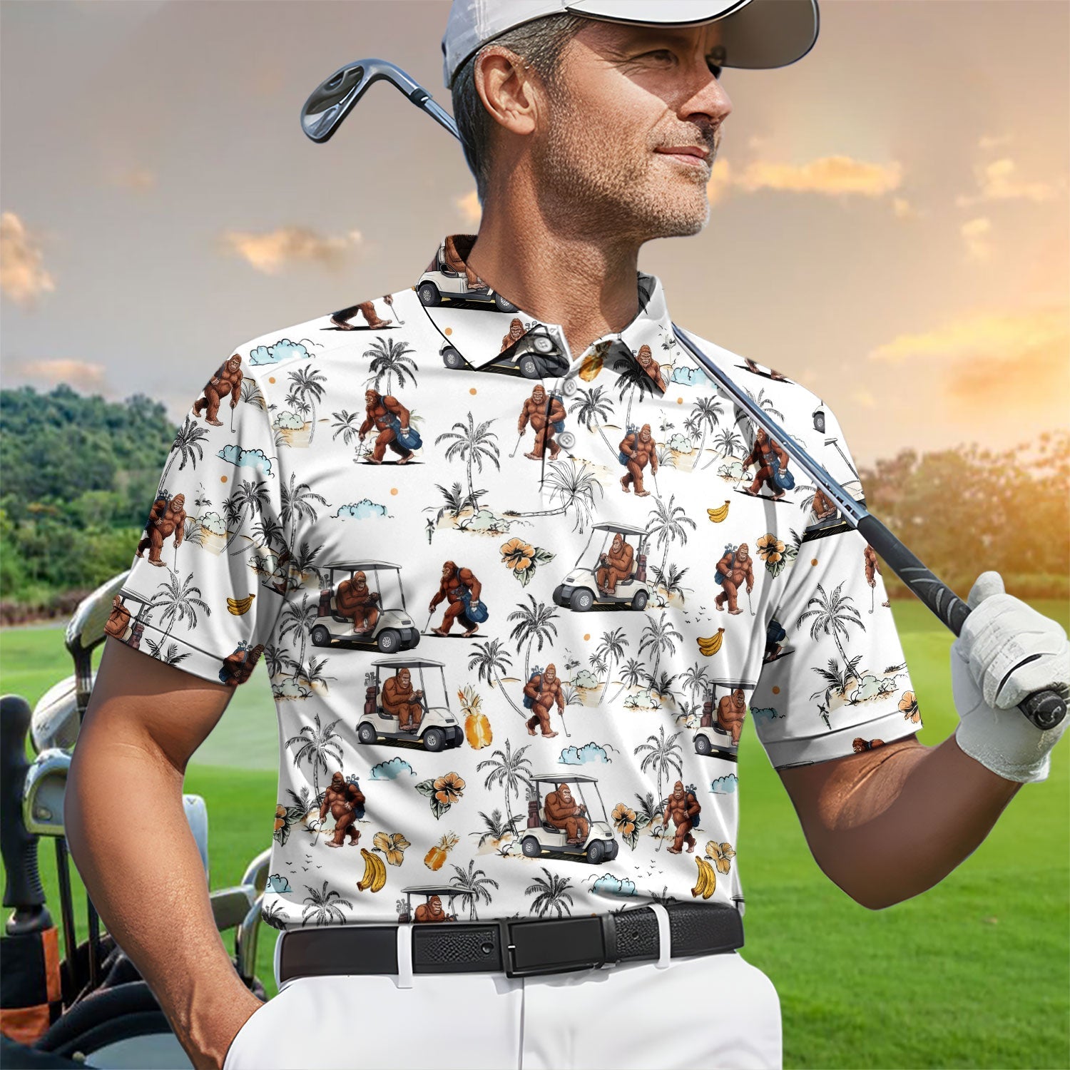 Funny Bigfoot Golf Pattern Shirt, Sasquatch Hawaiian Golf Polo For Men, Golfer Gift