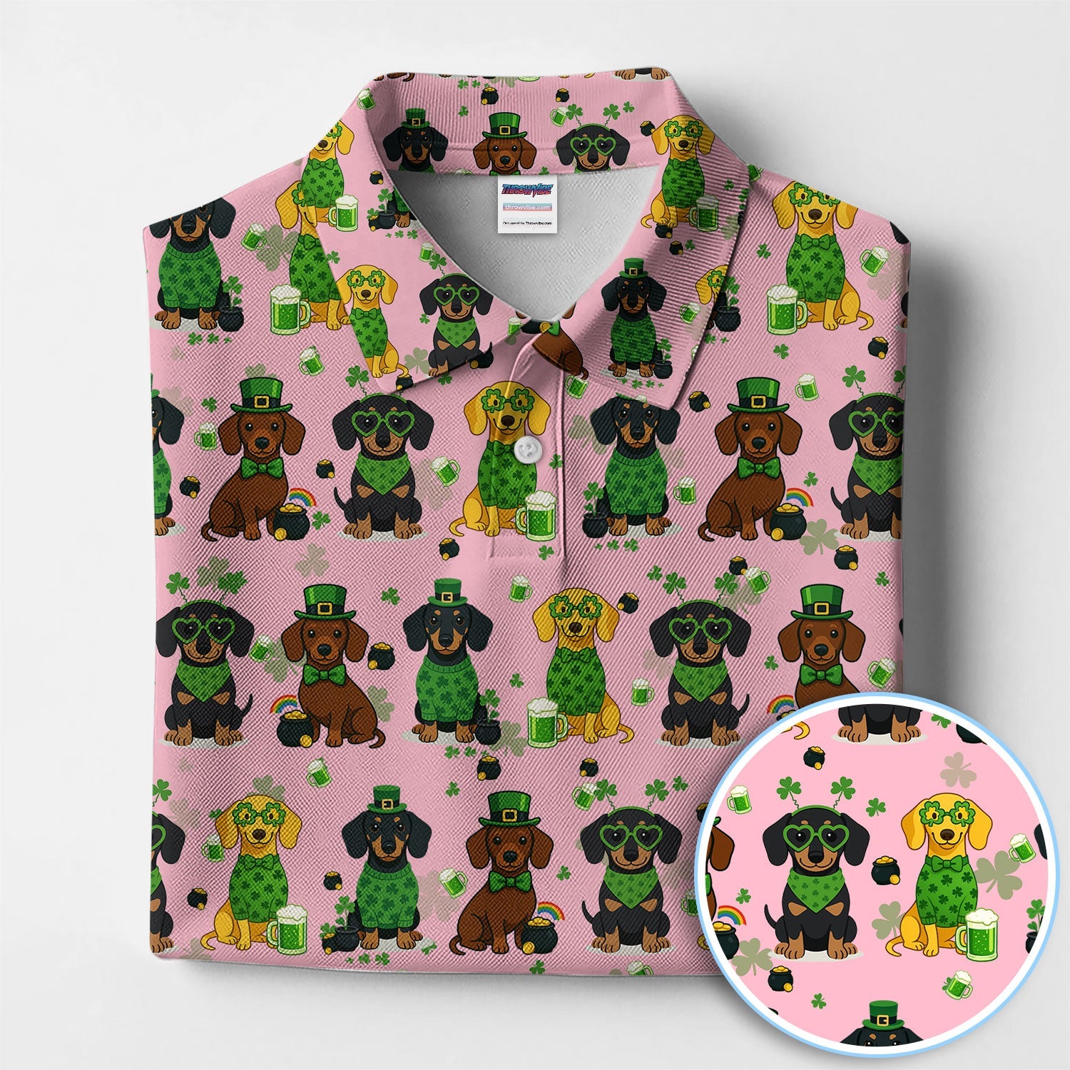 St. Patrick’s Day Dachshund Dog Pattern Golf Shirt, Funny Shamrock Dog Golf Polos For Men, Golf Gift For Golfer