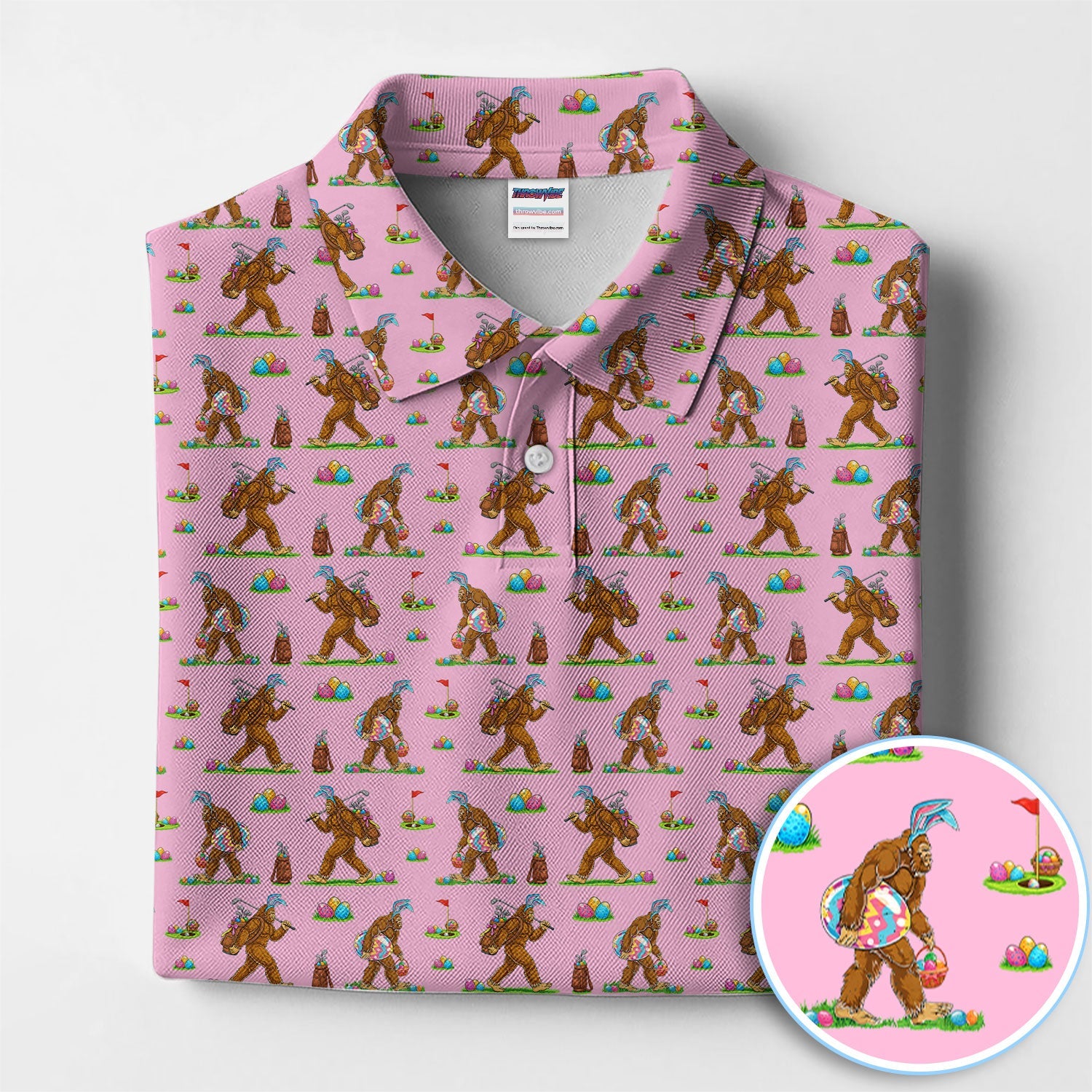 Bigfoot Easter Pattern Golf Polos, Bunny Sasquatch Golf Shirt For Men, Easter Day Shirt For Golfer