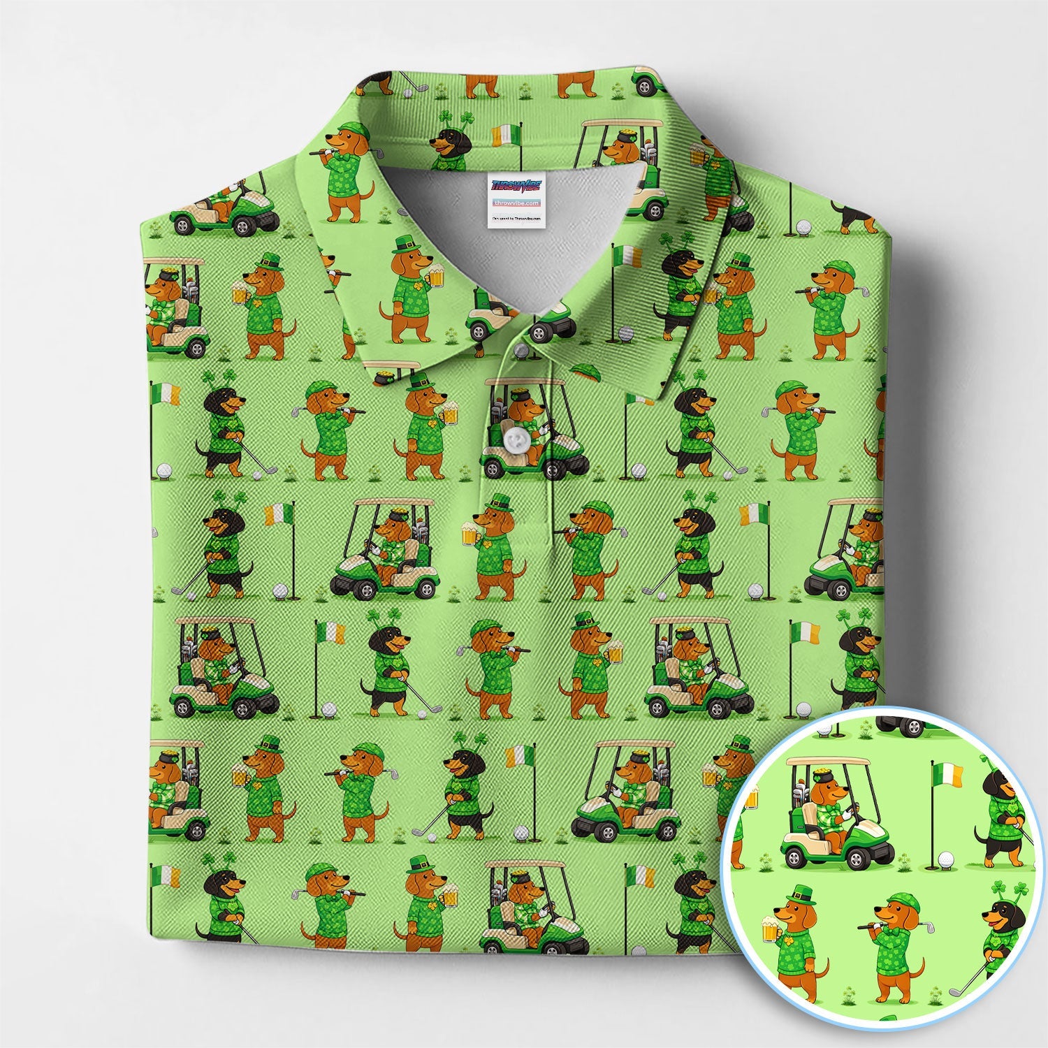St. Patrick’s Day Dachshund Pattern Golf Polos, Funny Irish Wiener Dog Golf Shirt For Men, Golf Gift For Golfer