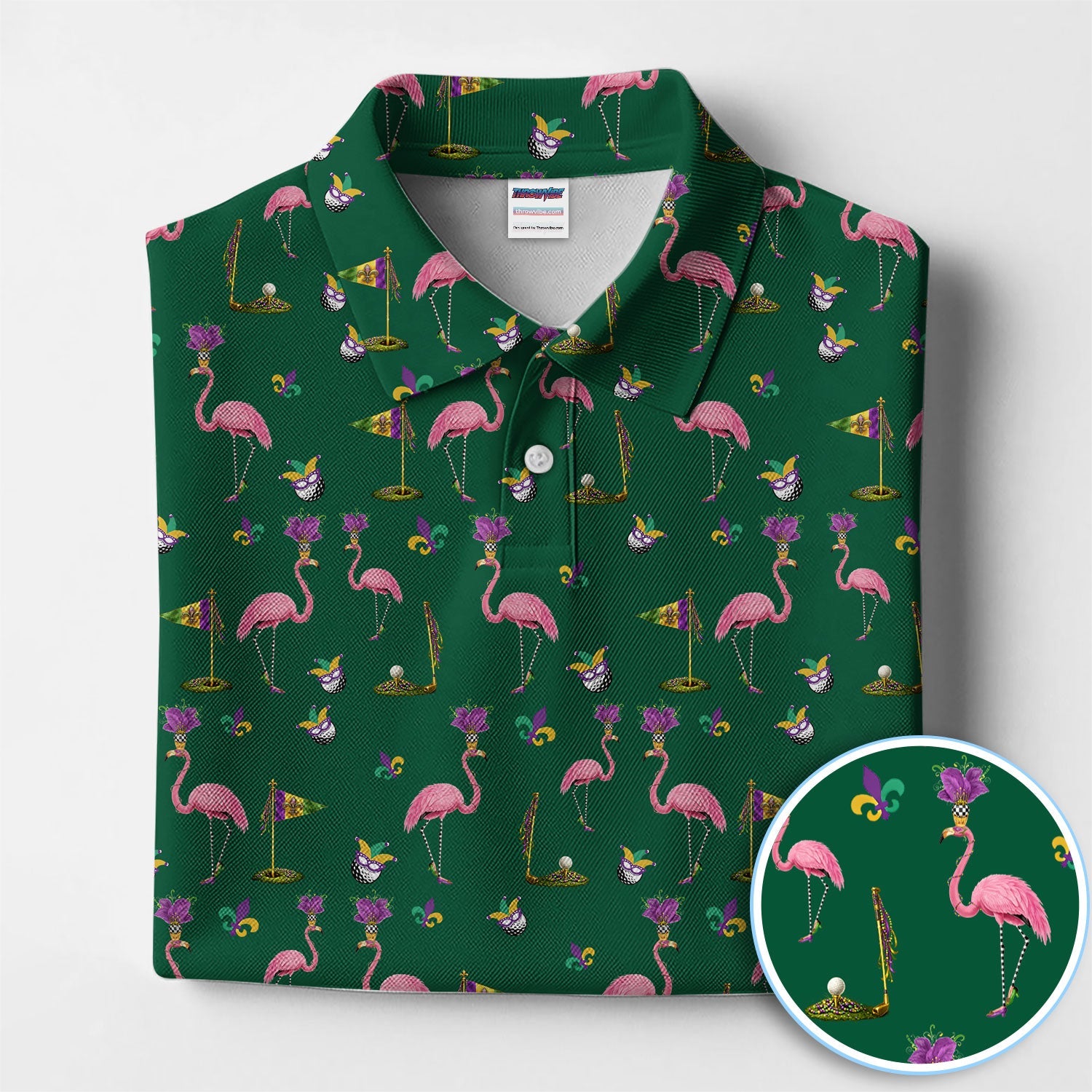 Flamingo Mardi Gras Golf Polos For Golfer, Funny Holiday Pattern Golf Shirt, Golf Gift For Men