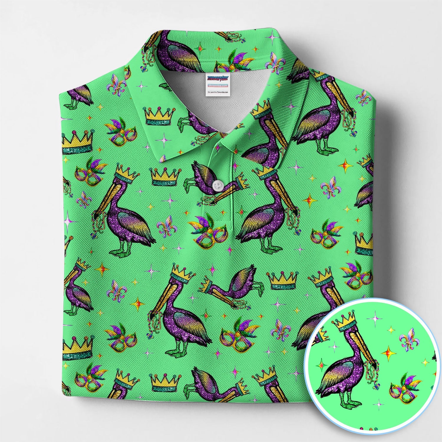 Mardi Gras Pelican Pattern Golf Polos, Funny Pelican Golf Shirt For Men, Crazy Golf Gift For Golfer