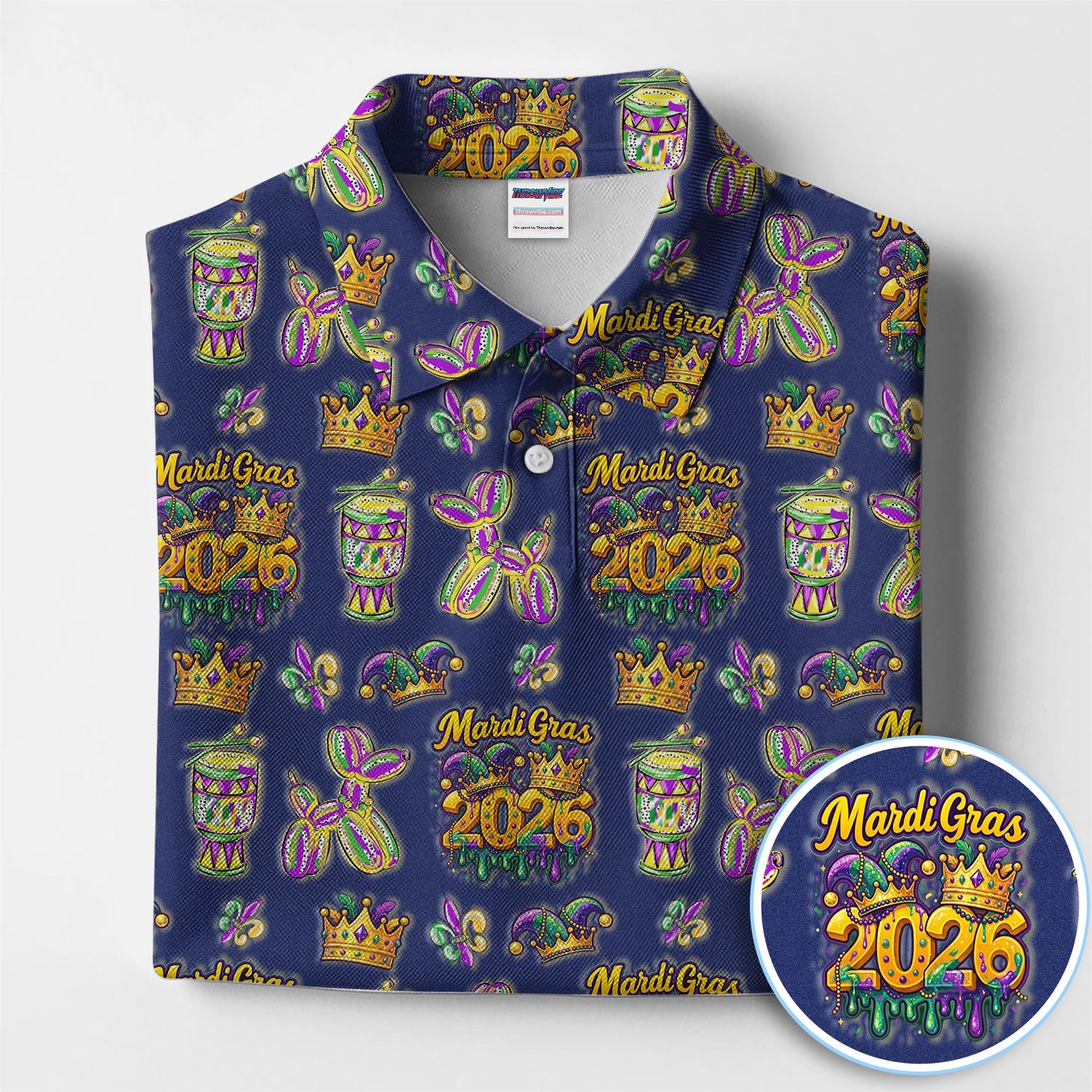 Mardi Gras 2026 Golf Polos For Golfer, Festive Crown Mask Pattern Golf Shirt, Golf Gift For Men