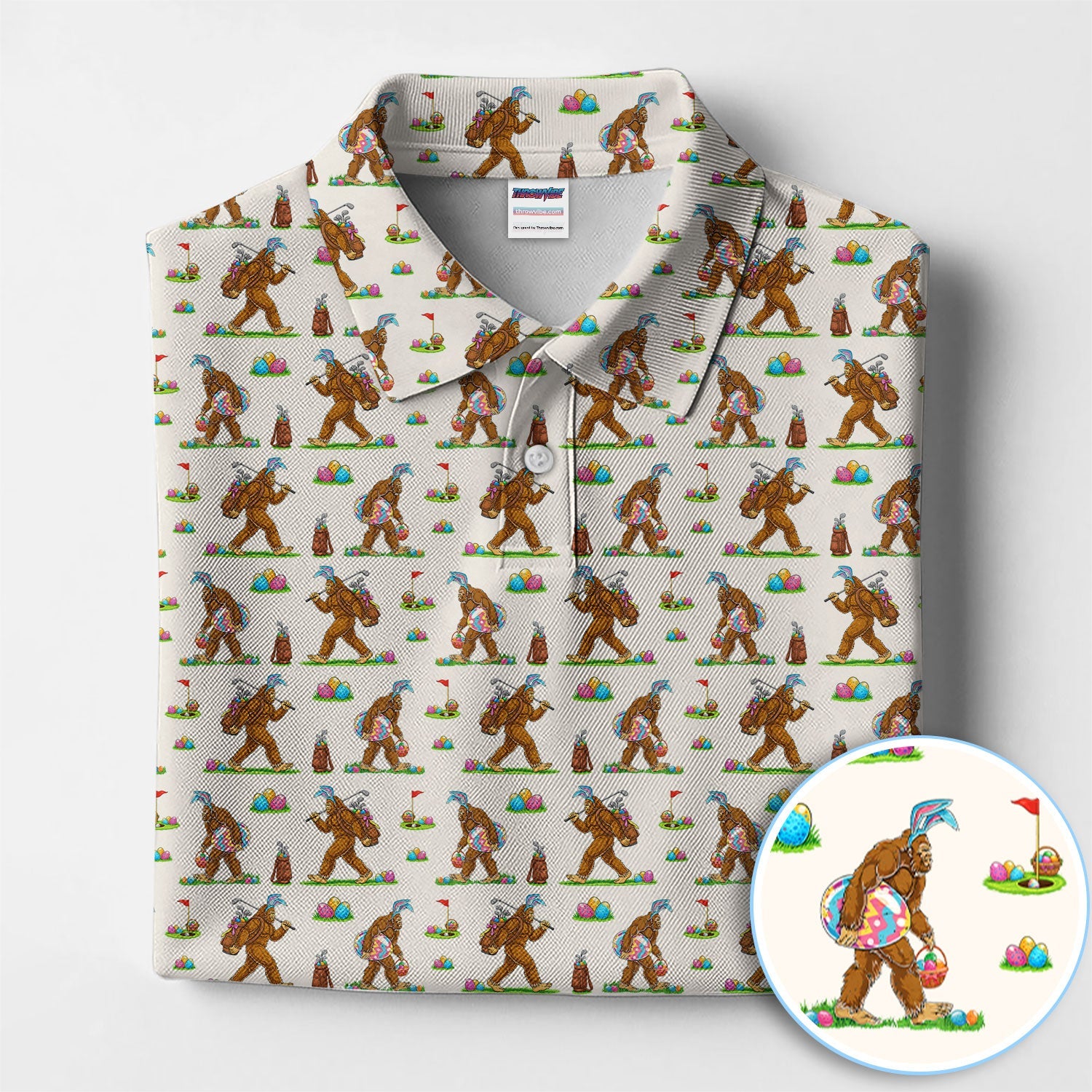 Bigfoot Easter Pattern Golf Polos, Bunny Sasquatch Golf Shirt For Men, Easter Day Shirt For Golfer
