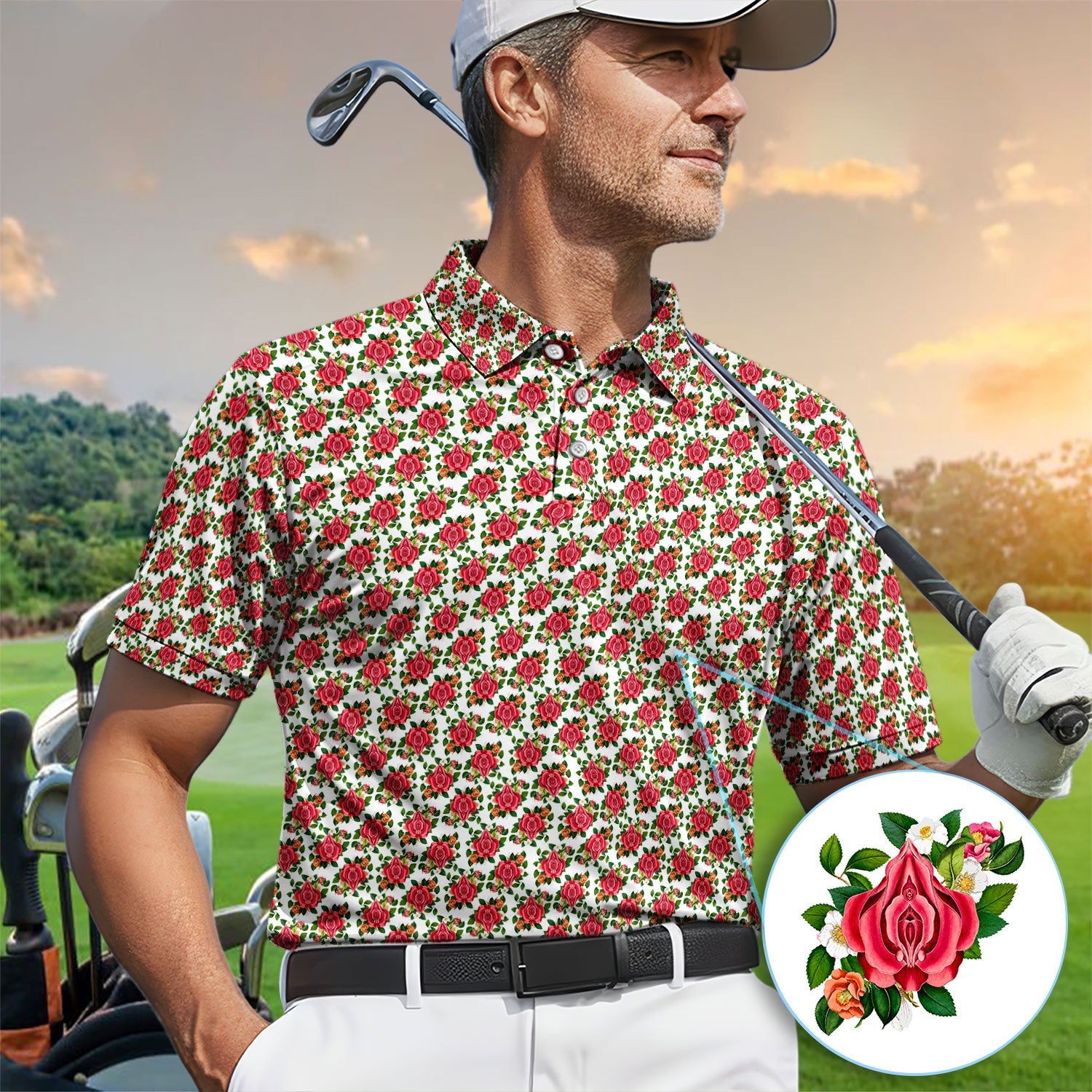 Vintage Rose Floral Golf Pattern Shirt, Romantic Rose Aesthetic Golf Shirt For Men, Flower Lover Gift