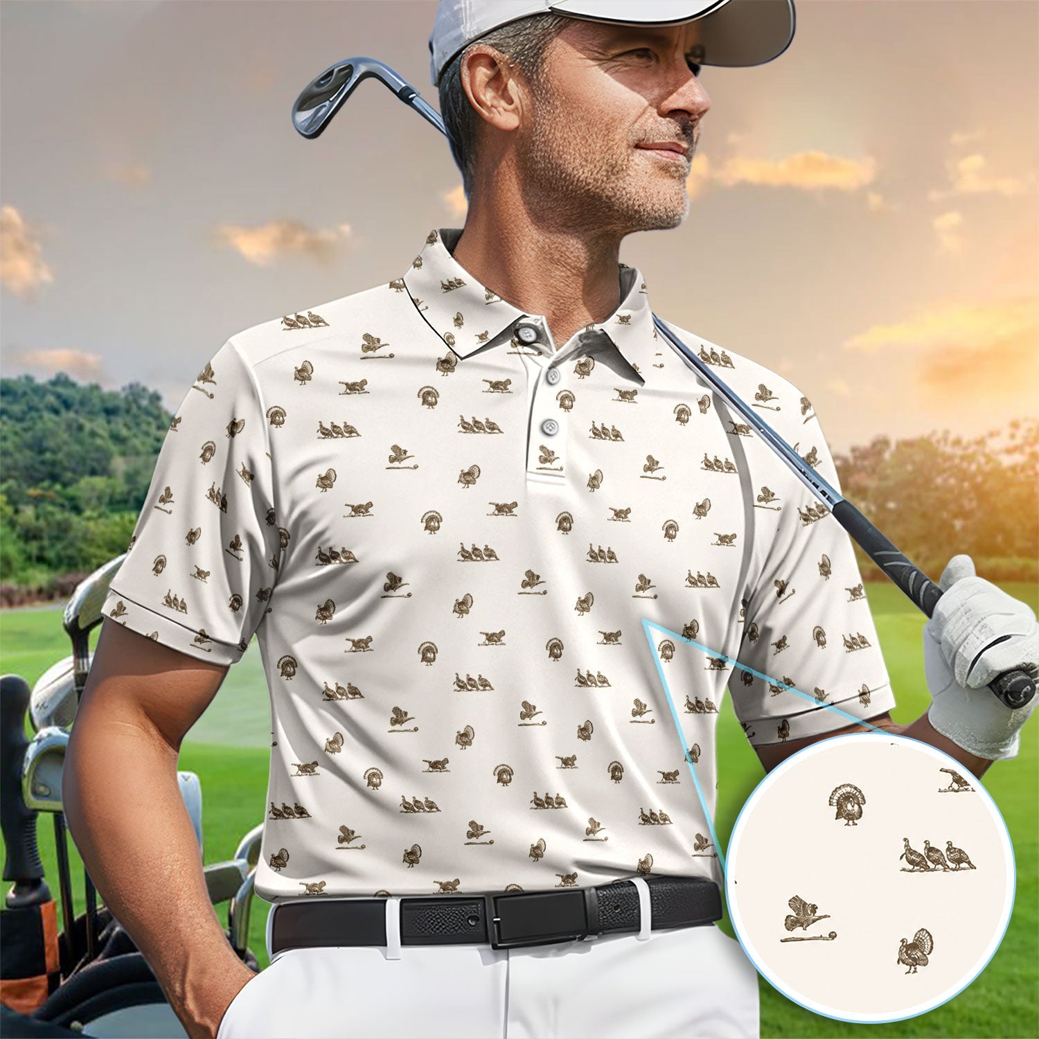 Vintage Turkey Hunting Golf Pattern Shirt, Wild Turkey Camo Golf Shirt For Men, Hunter Gift