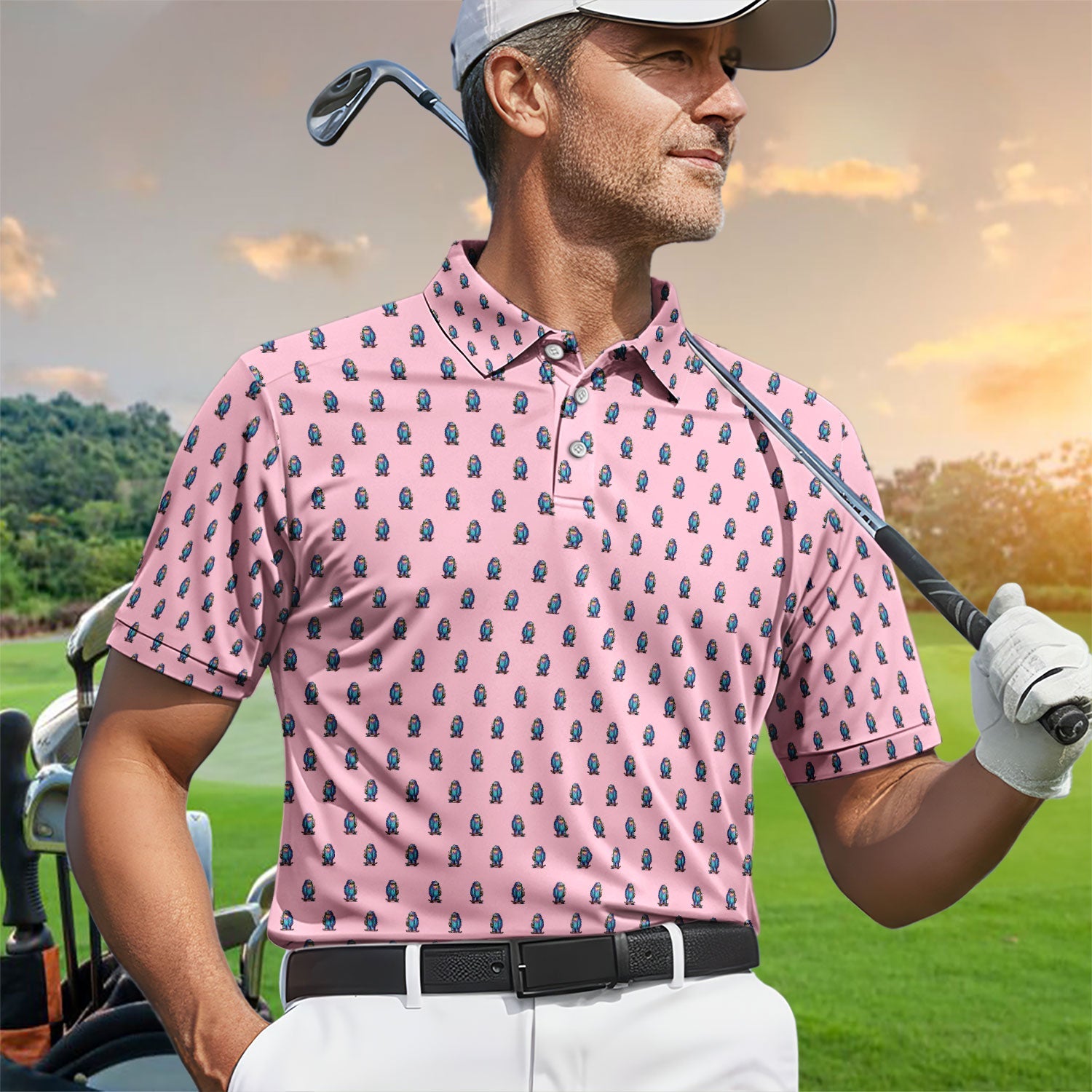 Funny Yeti Pattern Golf Polos, Bigfoot Coffee Skateboard Golf Shirt, Crazy Golf Shirts For Men
