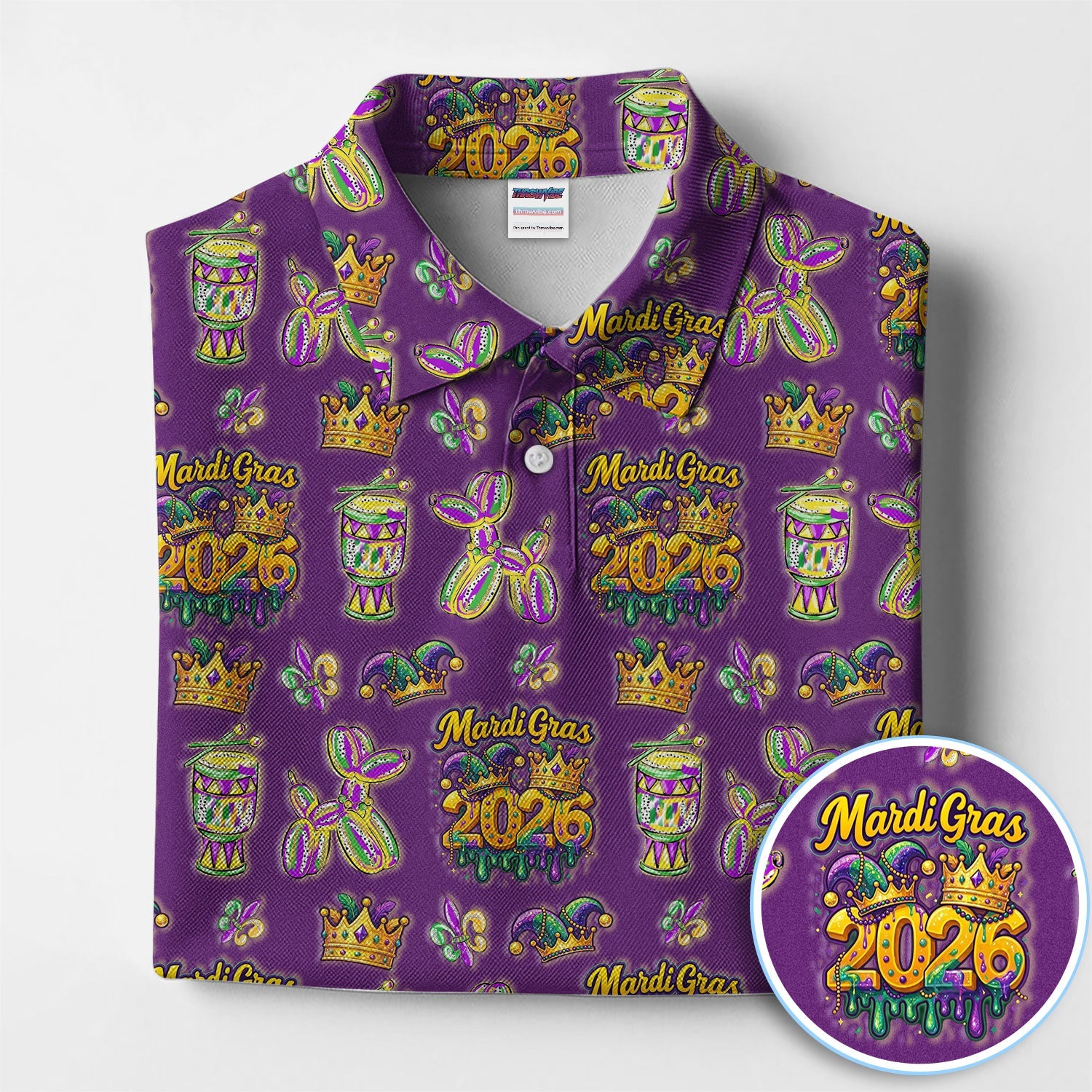 Mardi Gras 2026 Golf Polos For Golfer, Festive Crown Mask Pattern Golf Shirt, Golf Gift For Men