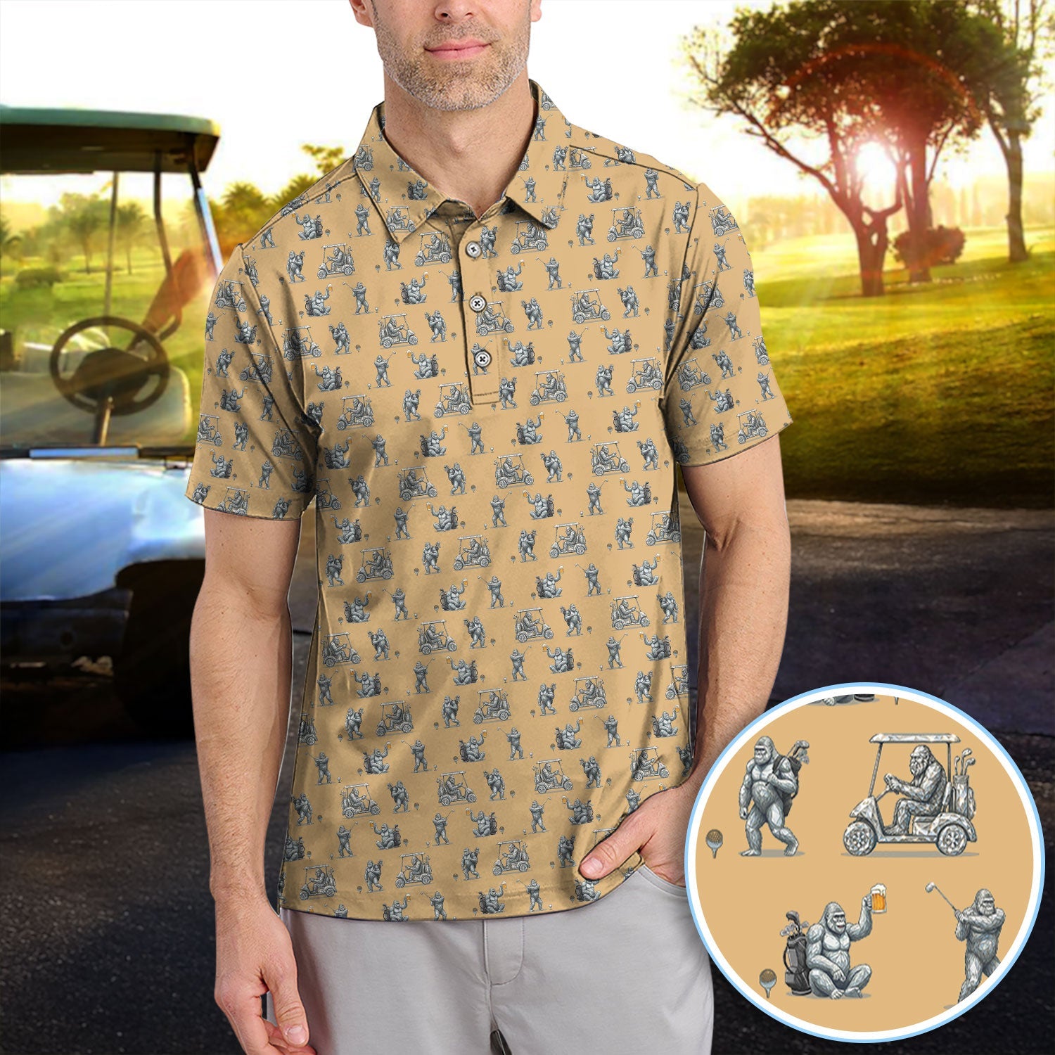 Funny Bigfoot Pattern Golf Shirt, Squatch Bigfoot Golf Polos, Crazy Golf Gift For Men