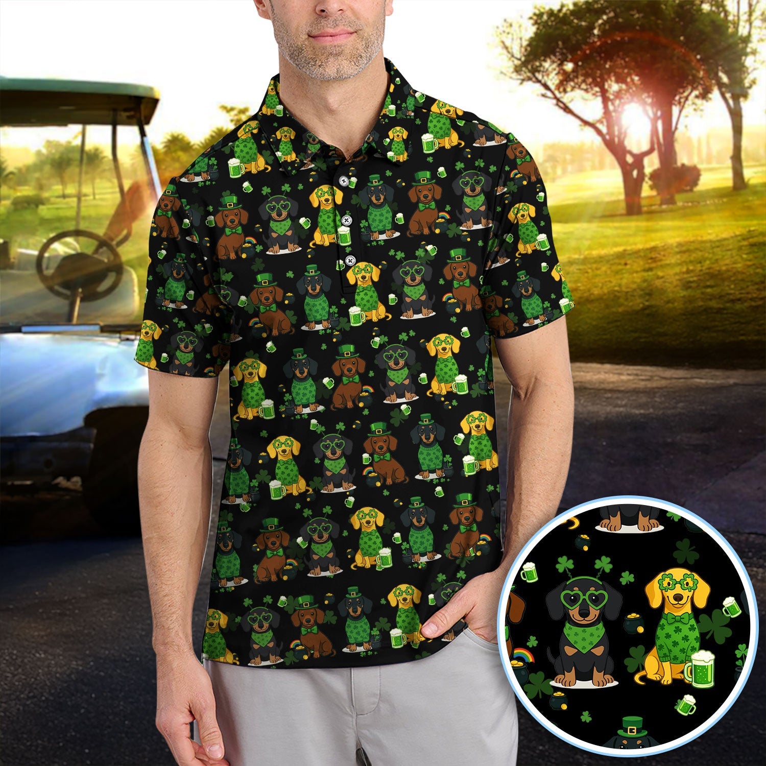 St. Patrick’s Day Dachshund Dog Pattern Golf Shirt, Funny Shamrock Dog Golf Polos For Men, Golf Gift For Golfer