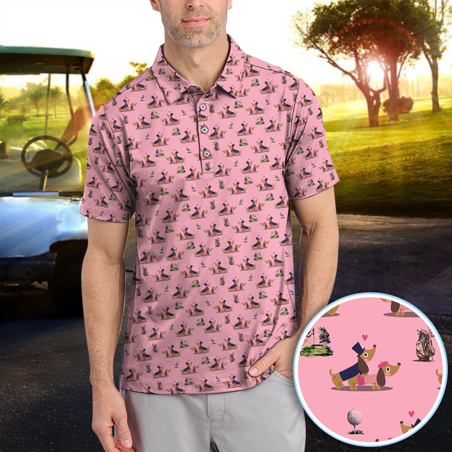 Dachshund Love Pattern Golf Shirt, Wiener Dog Golf Polos, Golf Gift For Golfer