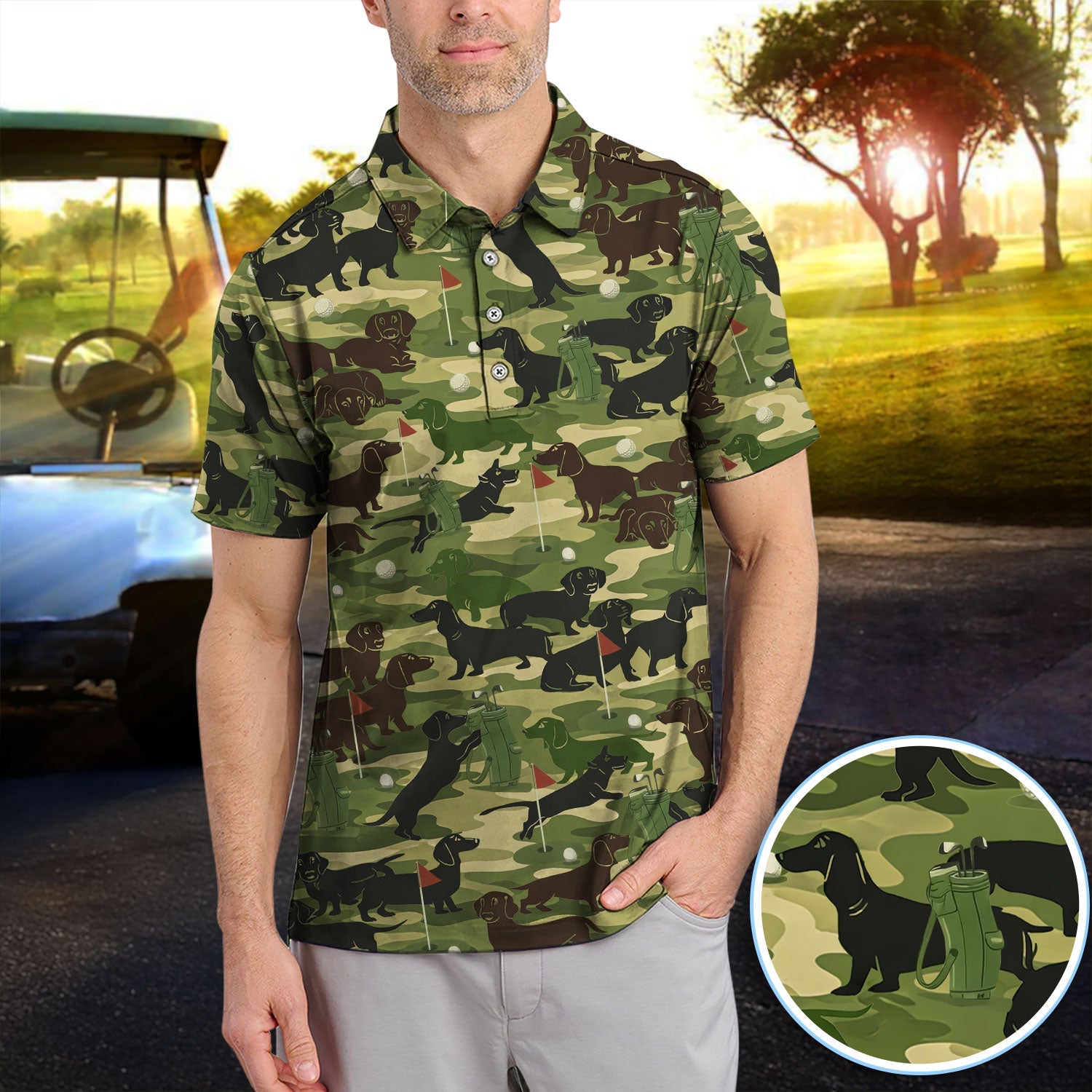 Dachshund Camo Pattern Golf Polos, Crazy Wiener Dog Golf Shirt, Funny Golf Gift For Golfer