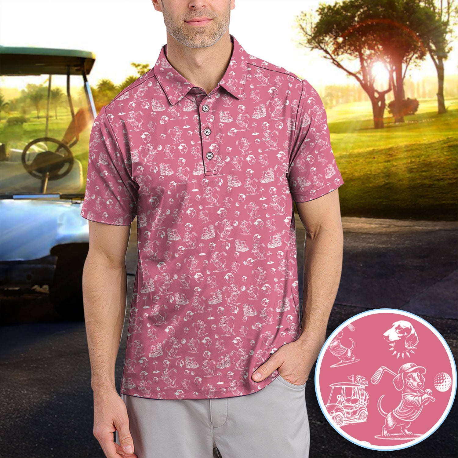 Funny Dachshund Pattern Golf Shirt For Men, Wiener Dog Golf Polos For Golfer, Dad Golf Gift