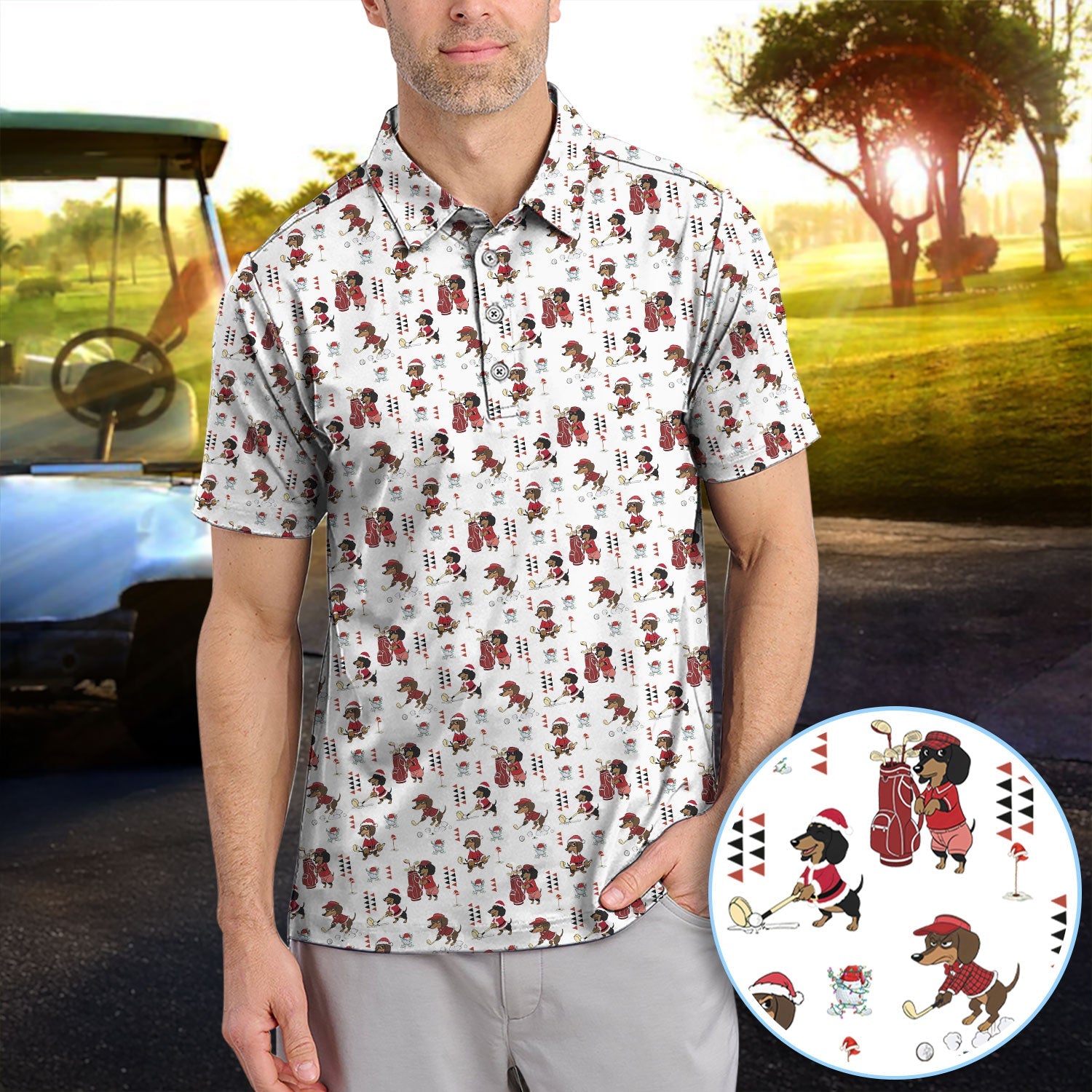 Funny Dachshund Christmas Golf Shirt, Cute Wiener Dog Pattern Polos, Festive Holiday Golf Shirt Gift For Men Golfers