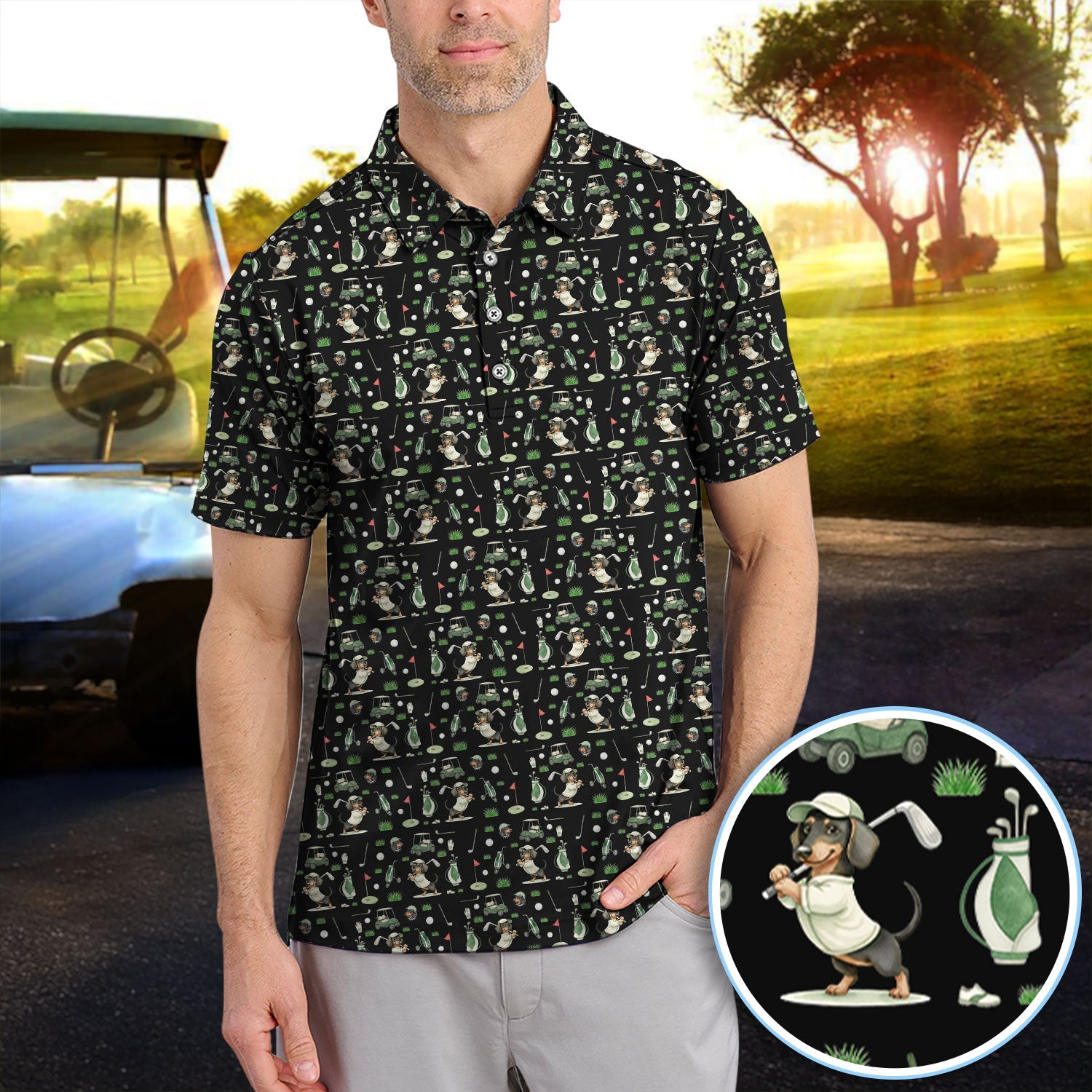 Funny Wiener Dog Golf Shirt, Dachshund Pattern Golf Polos, Crazy Golf Gift For Men