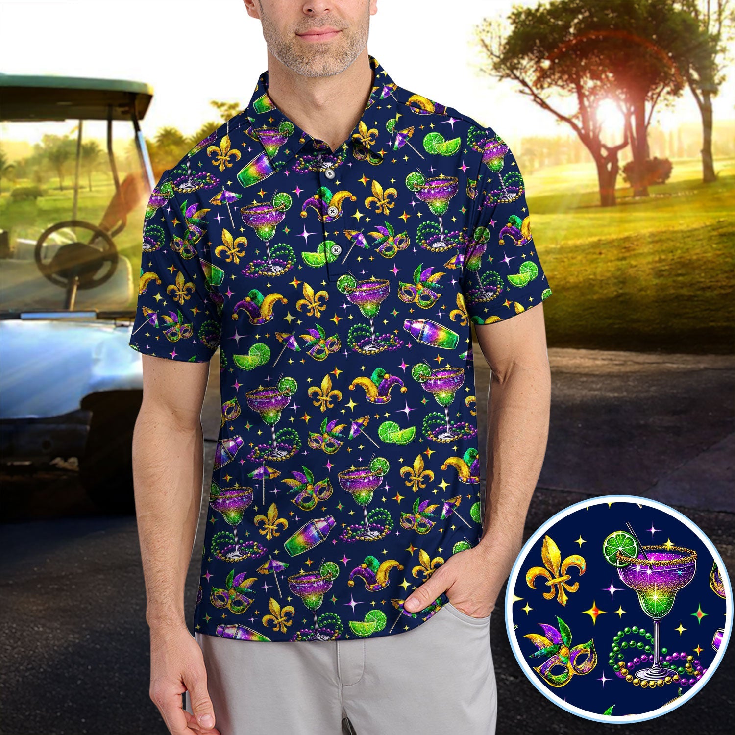 Funny Glitter Mardi Gras Pattern Golf Polos, Mardi Gras And Margaritas Golf Shirt For Men, Golf Gift For Golfer