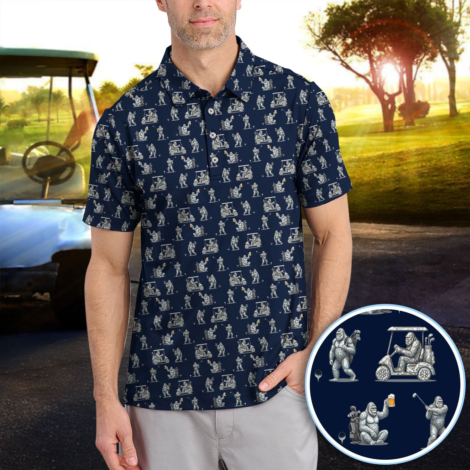 Funny Bigfoot Pattern Golf Shirt, Squatch Bigfoot Golf Polos, Crazy Golf Gift For Men