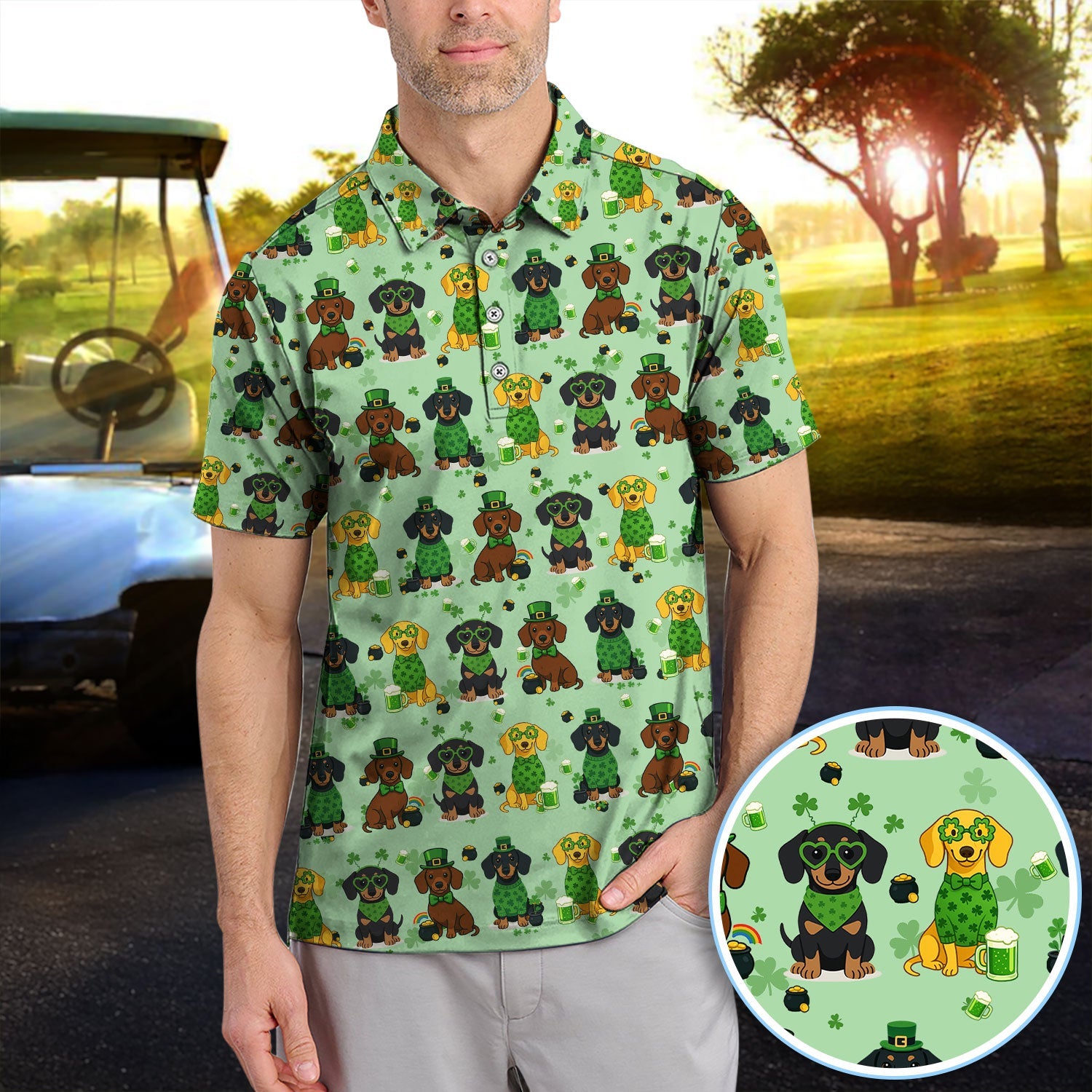 St. Patrick’s Day Dachshund Dog Pattern Golf Shirt, Funny Shamrock Dog Golf Polos For Men, Golf Gift For Golfer